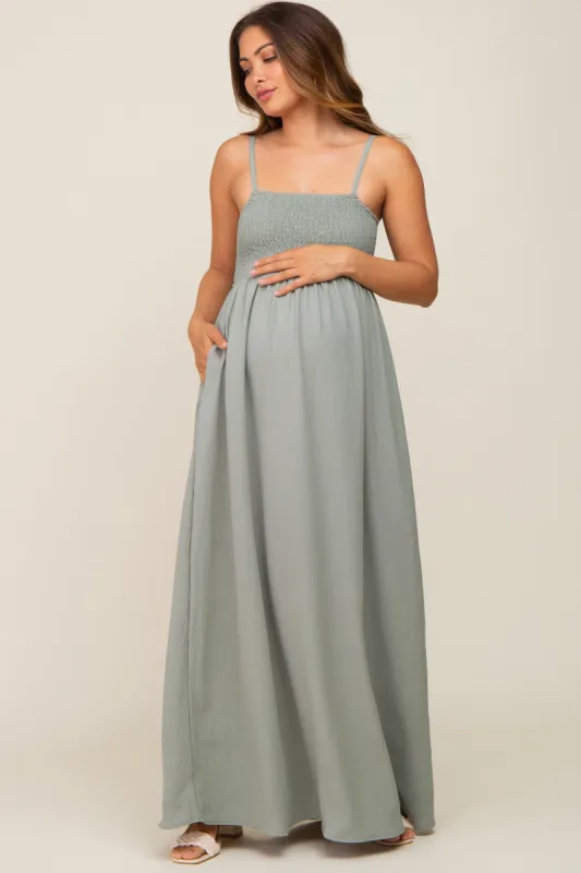 Light Olive Smocked Sleeveless Maternity Maxi Dress sold by Pinkblush