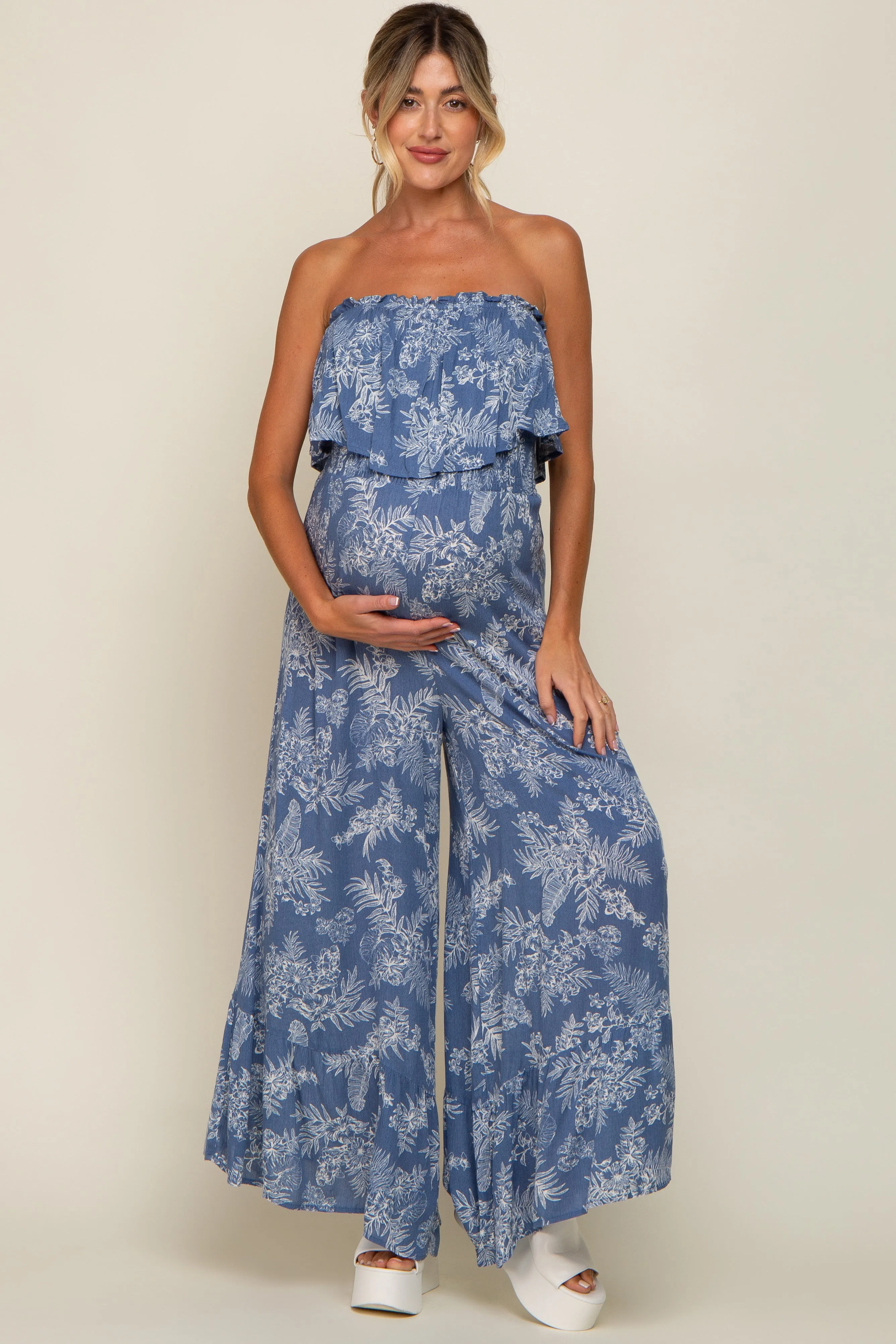 Blue Floral Ruffle Overlay Maternity Jumpsuit sold by Pinkblush product image thumbnail 5