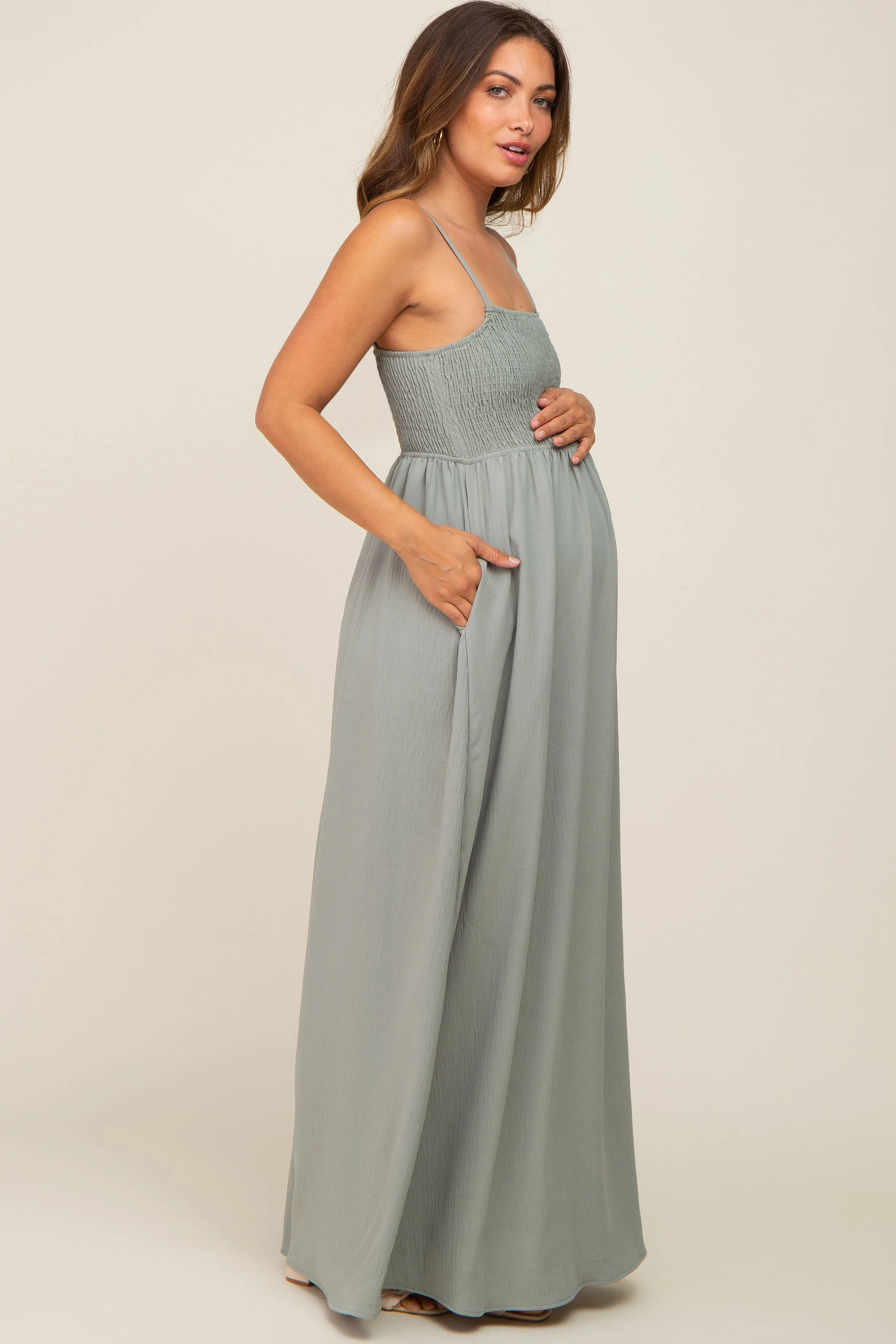 Light Olive Smocked Sleeveless Maternity Maxi Dress sold by Pinkblush product image thumbnail 2