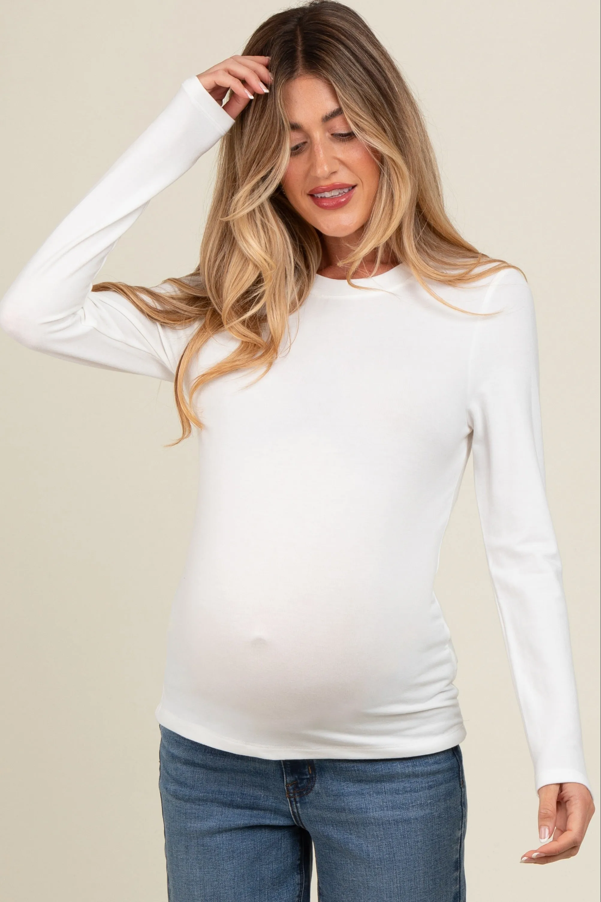 White Basic Fitted Maternity Long Sleeve Top sold by Pinkblush