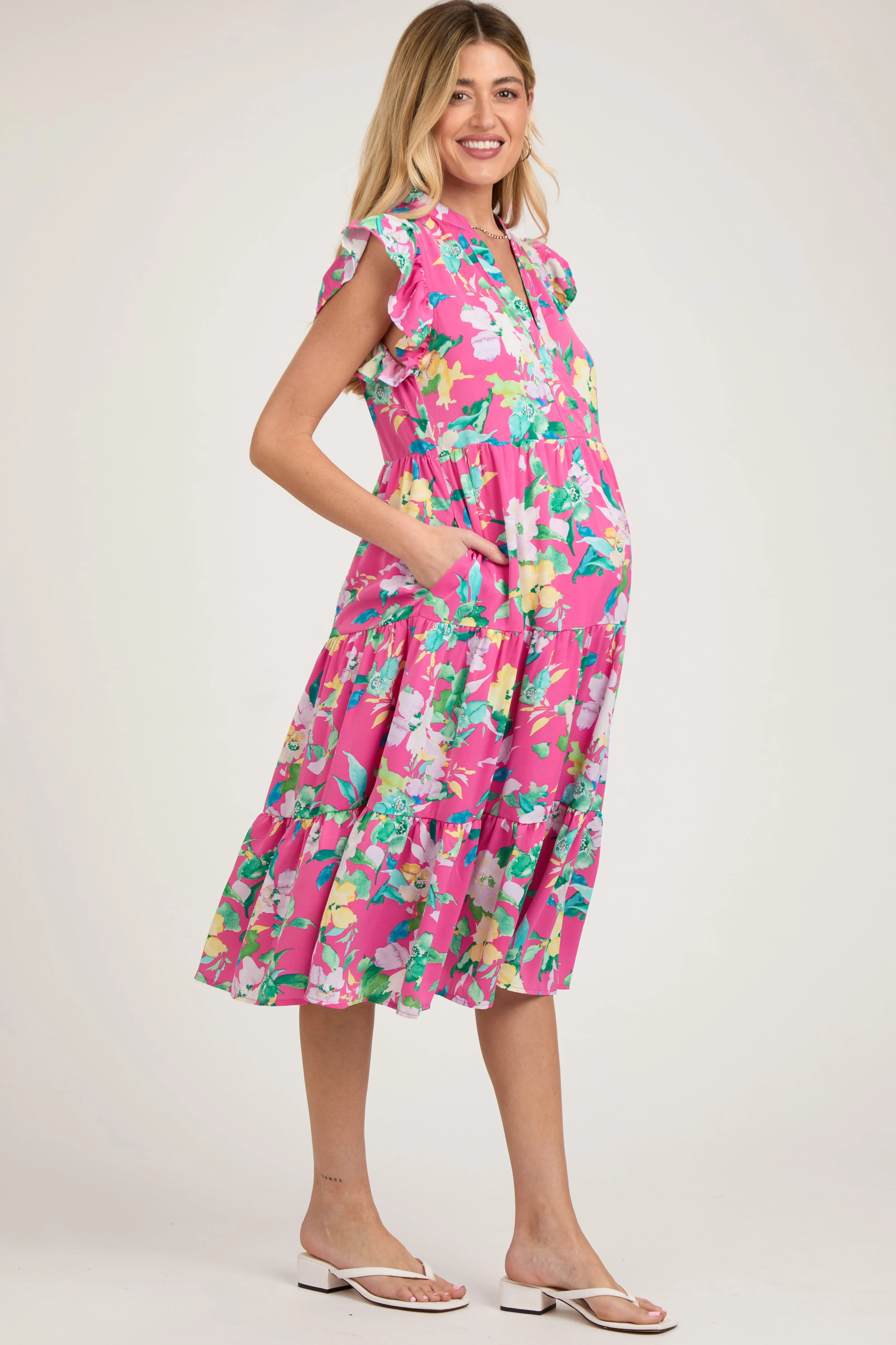 Fuchsia Floral Ruffle Tiered Maternity Dress sold by Pinkblush product image thumbnail 4