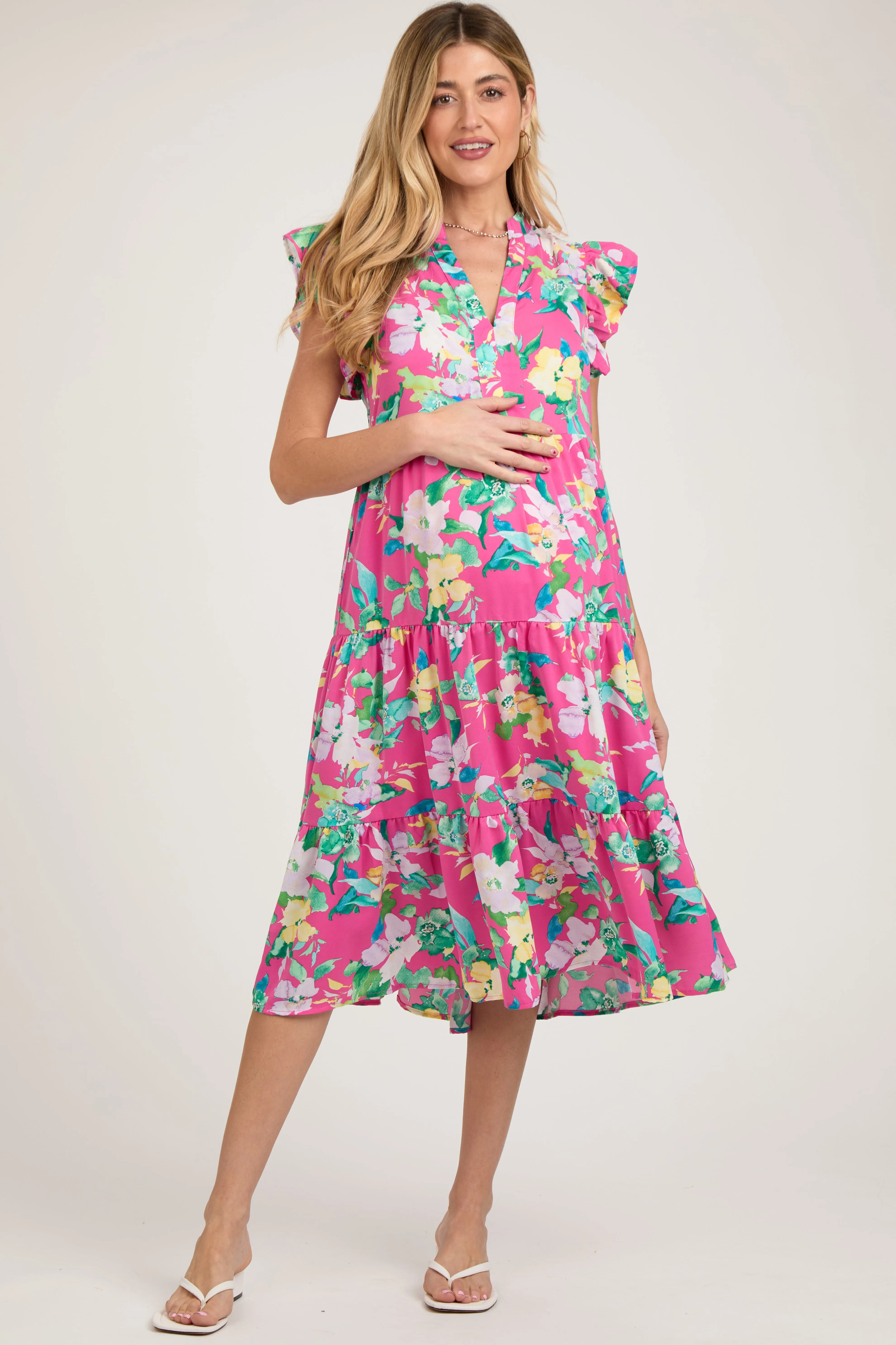 Fuchsia Floral Ruffle Tiered Maternity Dress sold by Pinkblush