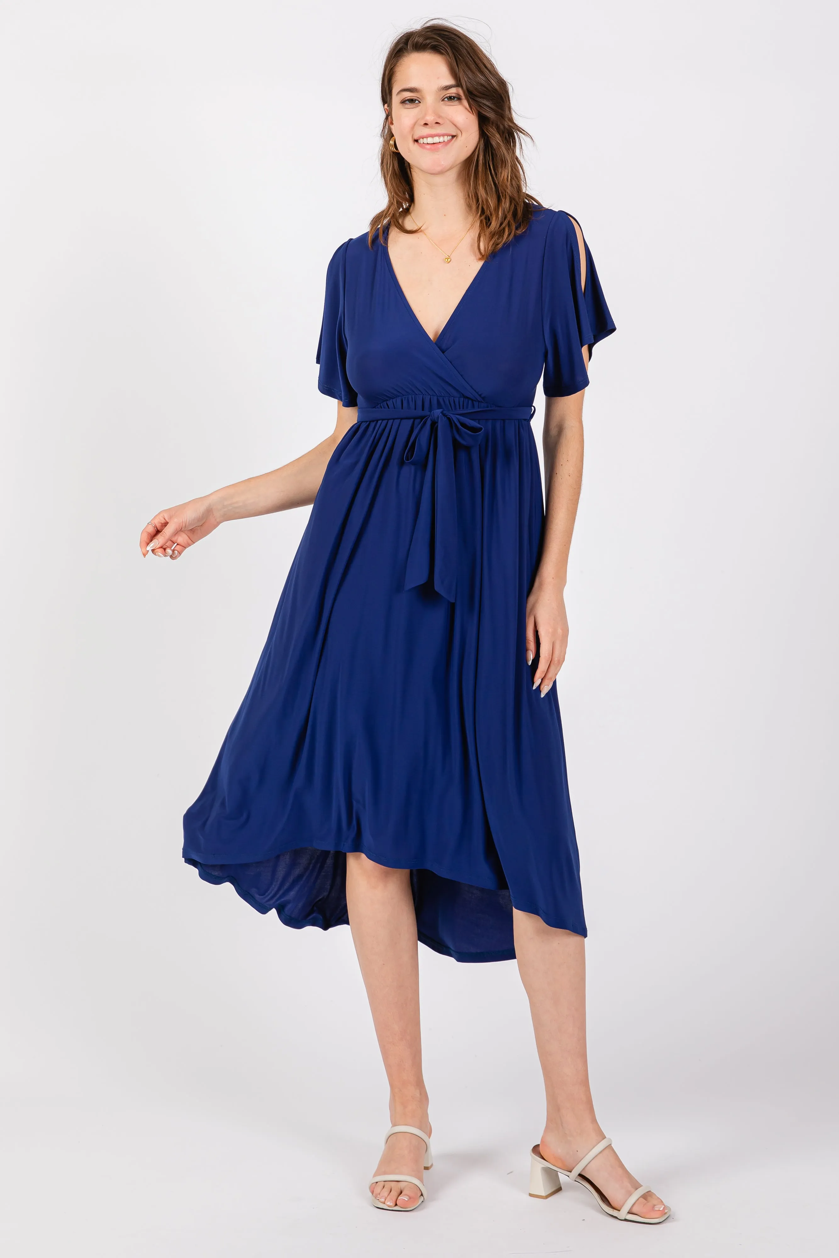 Navy Blue Flutter Sleeve Waist Tie Nursing Dress sold by Pinkblush