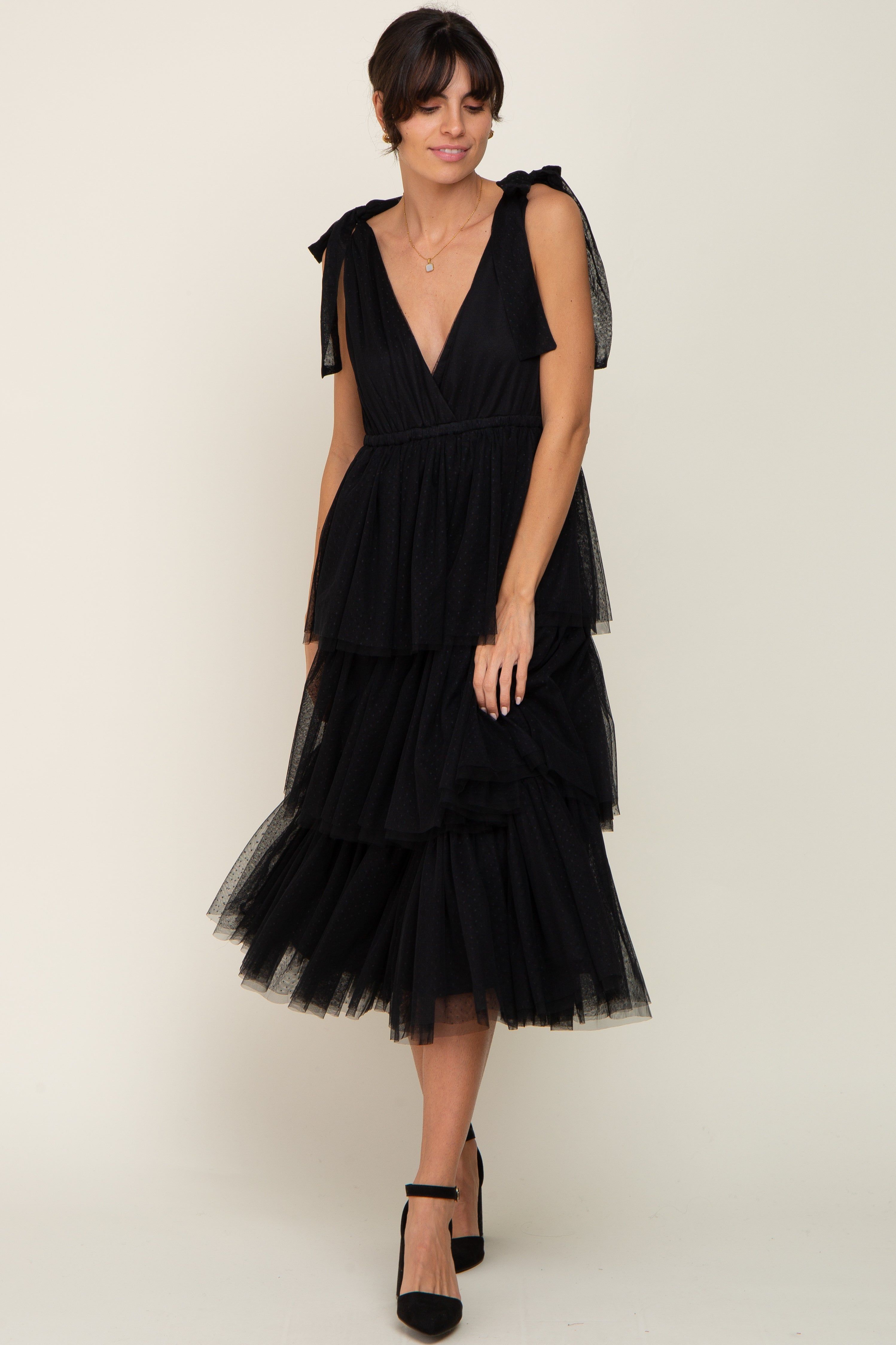 Black Sleeveless Tiered Tie Strap Tulle Midi Dress sold by Pinkblush