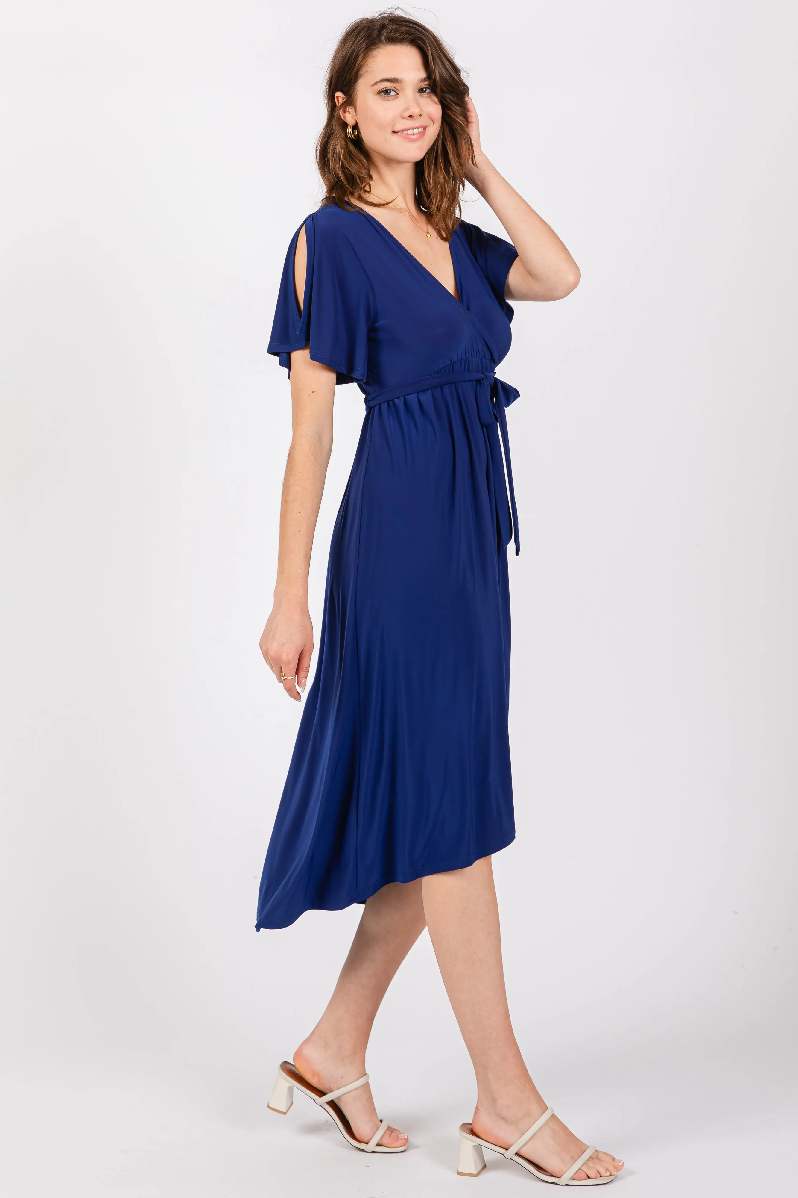 Navy Blue Flutter Sleeve Waist Tie Nursing Dress sold by Pinkblush product image thumbnail 2