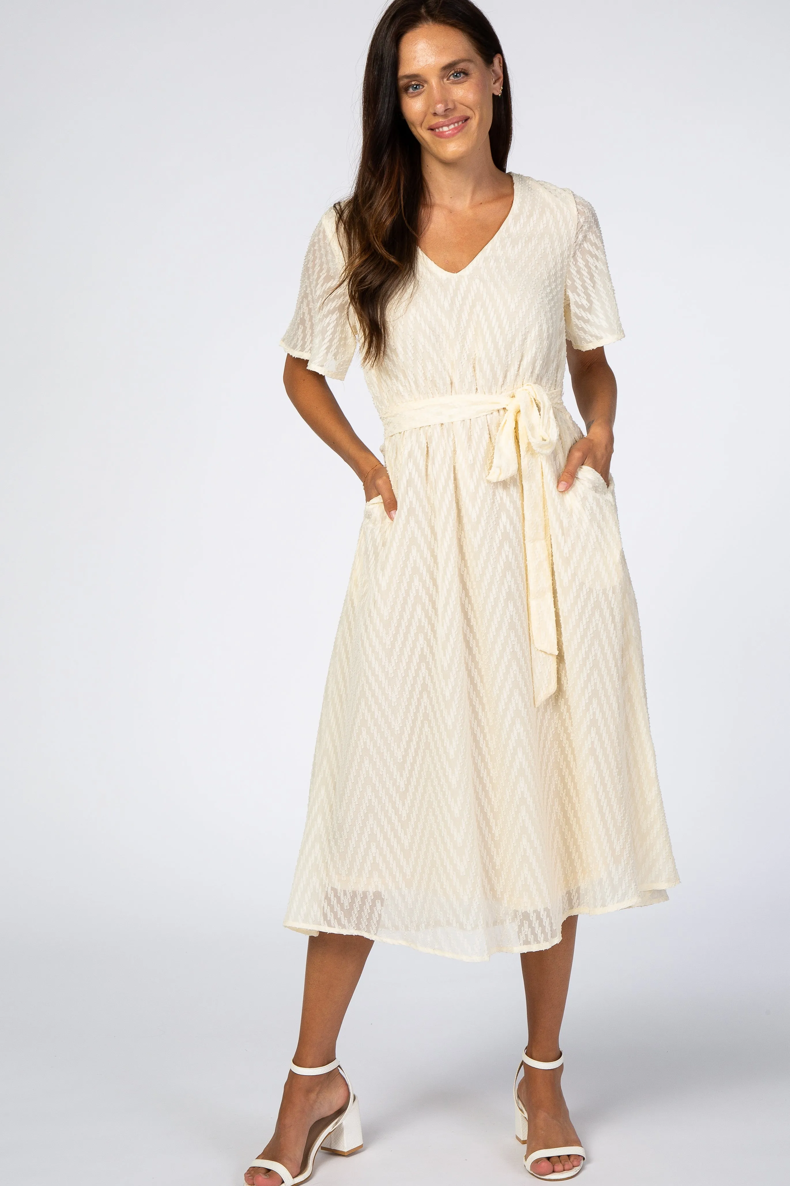 Ivory Textured Chiffon Waist Tie Midi Dress sold by Pinkblush