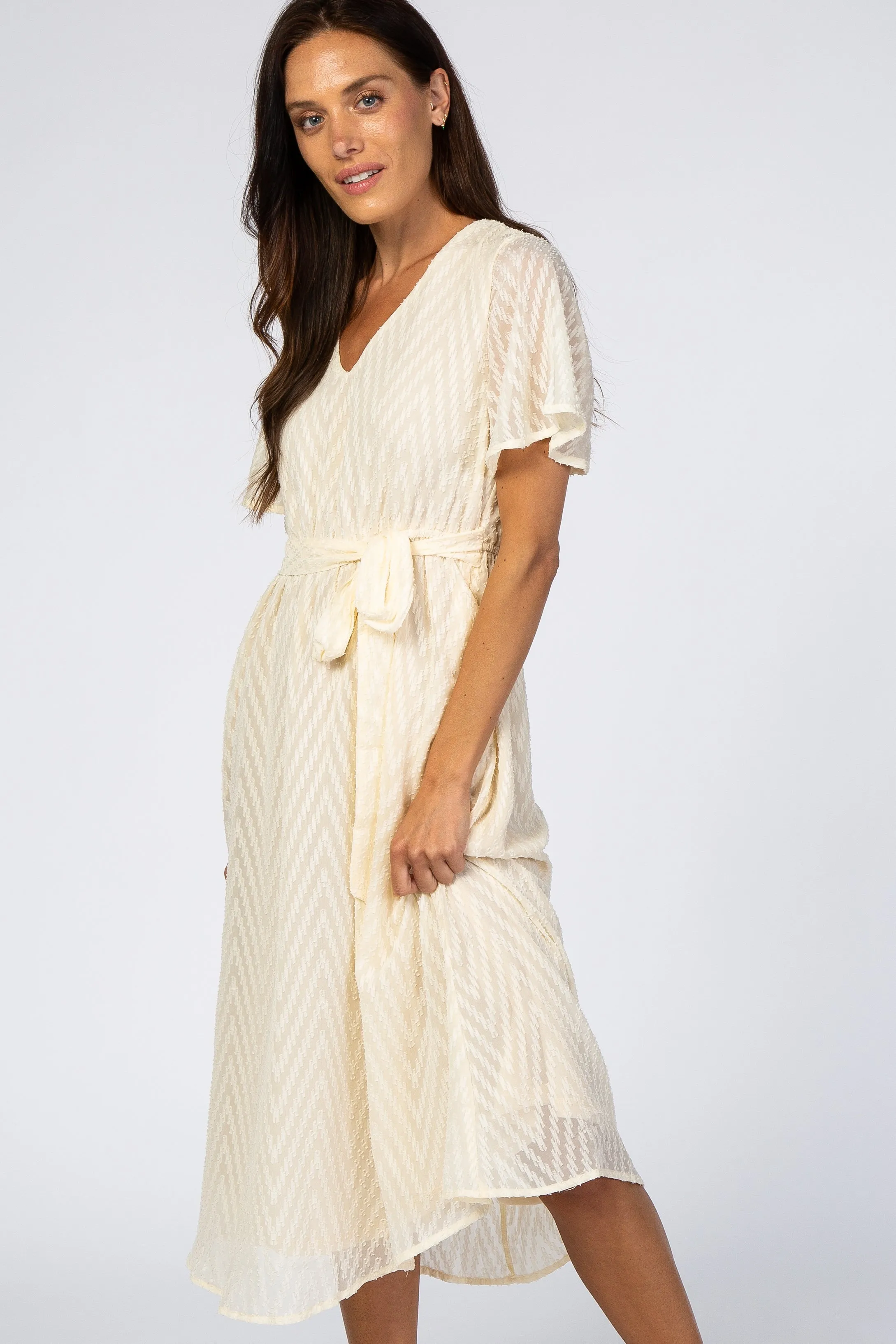 Ivory Textured Chiffon Waist Tie Midi Dress sold by Pinkblush product image thumbnail 5
