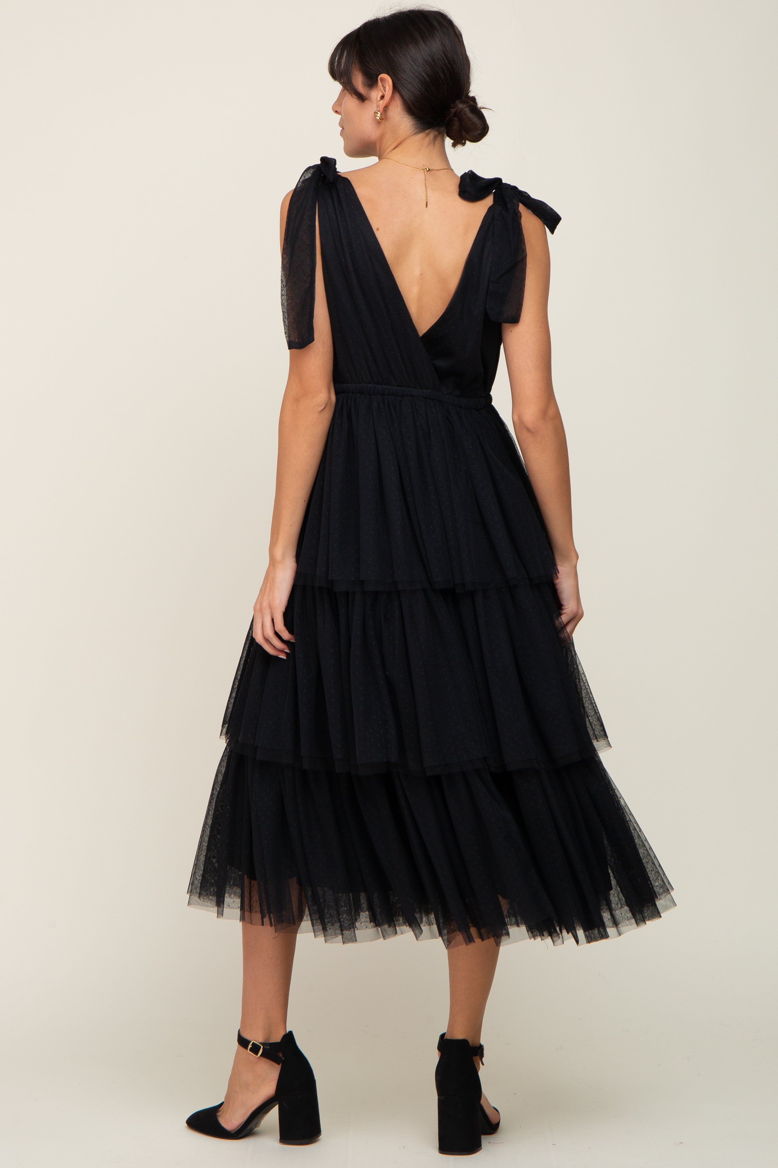 Black Sleeveless Tiered Tie Strap Tulle Midi Dress sold by Pinkblush product image thumbnail 3