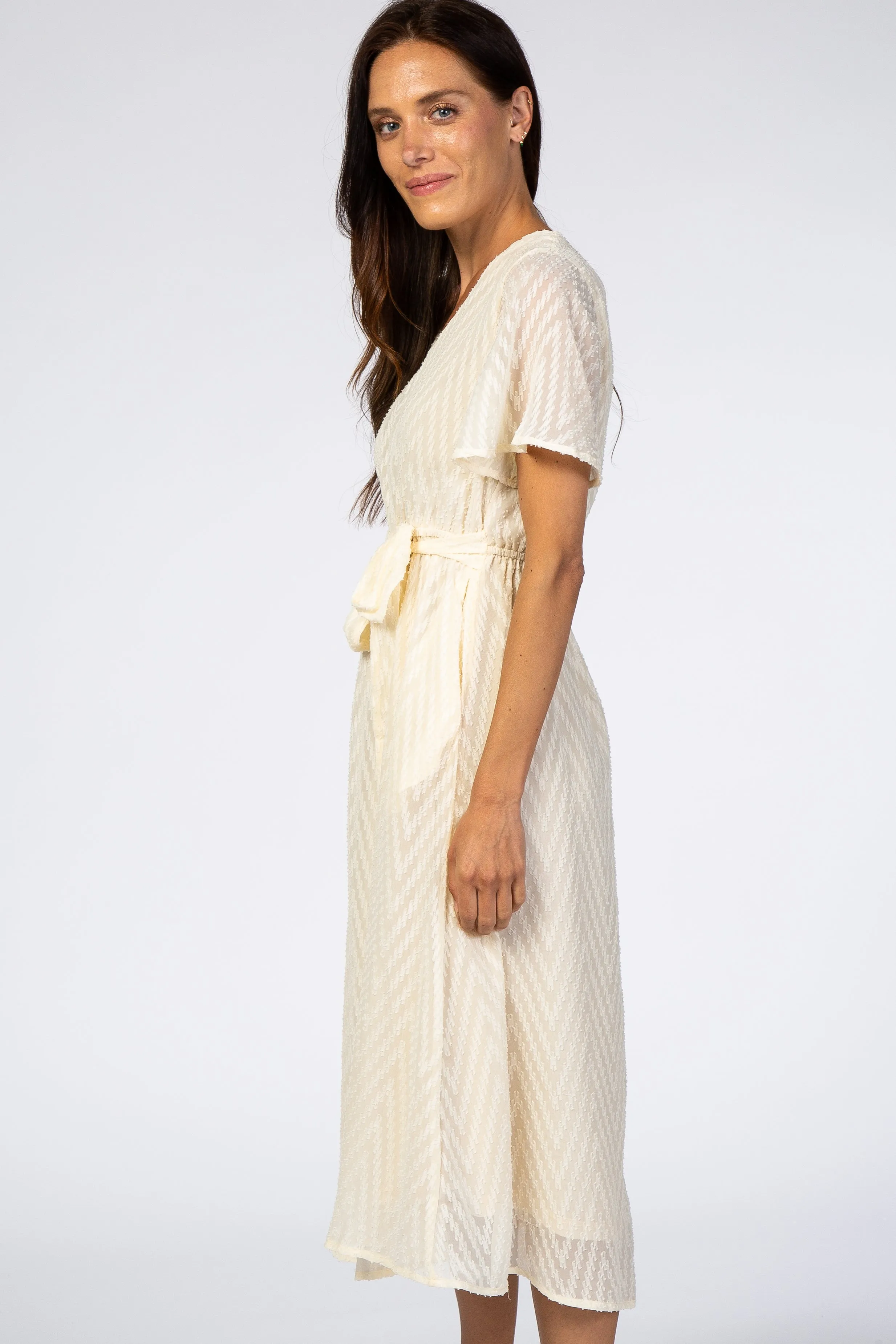 Ivory Textured Chiffon Waist Tie Midi Dress sold by Pinkblush product image thumbnail 2