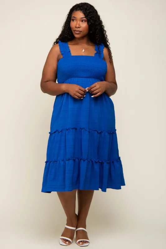 Royal Blue Smocked Square Neck Ruffle Strap Tiered Plus Midi Dress sold by Pinkblush