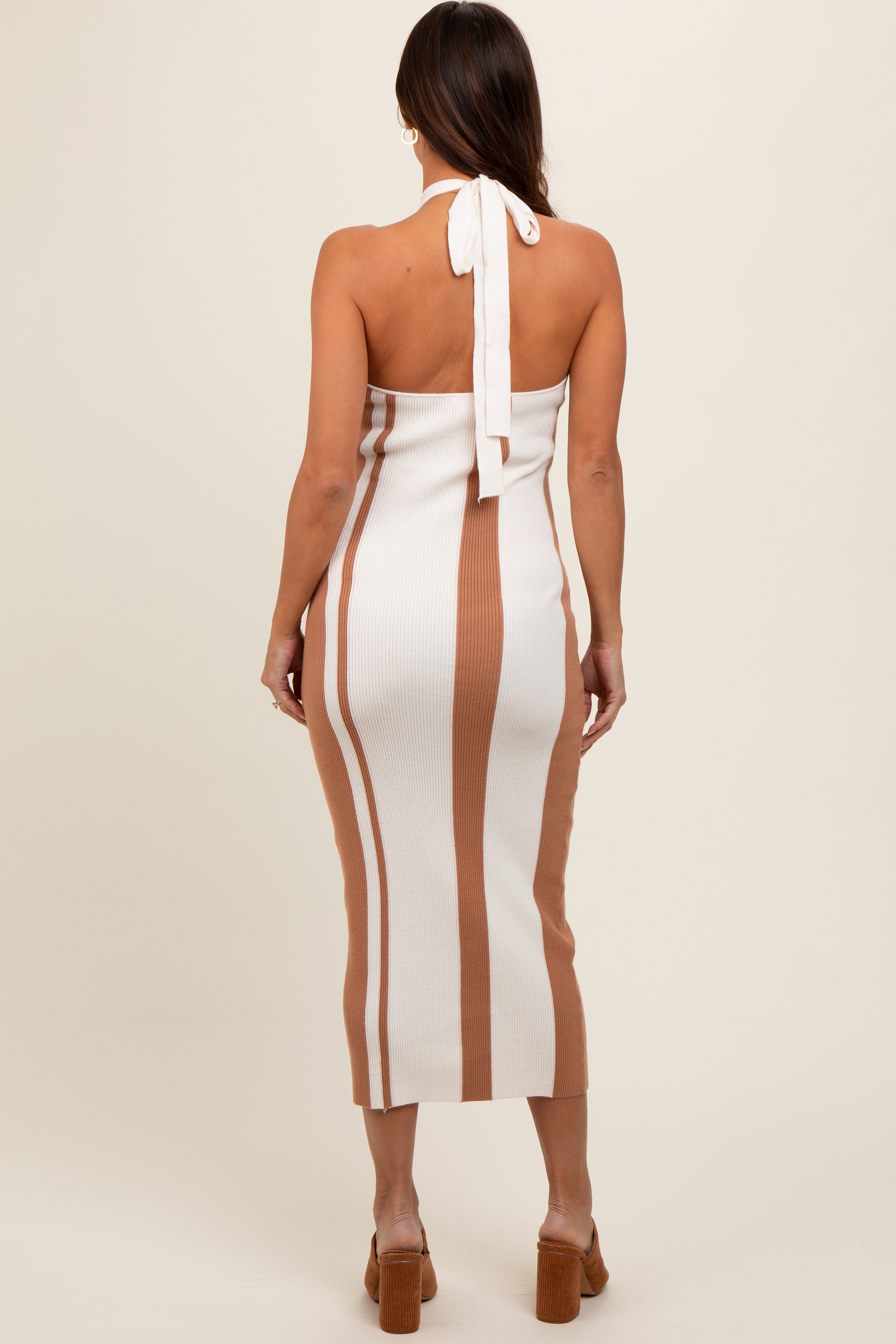 Cream Stripe Ribbed Maternity Halter Dress sold by Pinkblush product image thumbnail 2