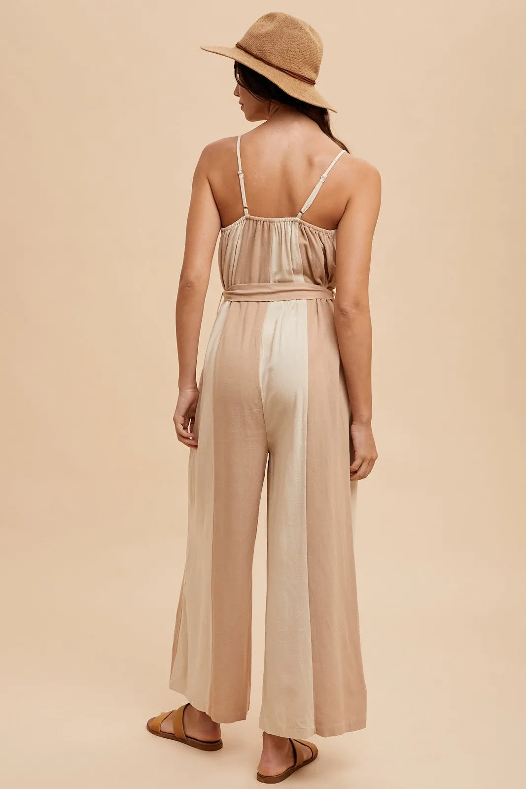 Oatmeal Sand Color Block Linen Wide Leg Jumpsuit sold by Pinkblush product image thumbnail 5