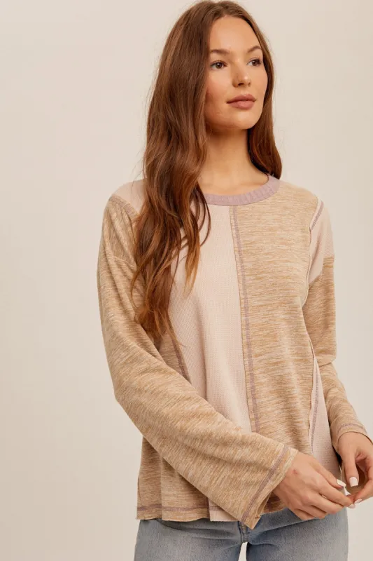 Taupe Mix Fabric Swing Hem Long Sleeve sold by Pinkblush