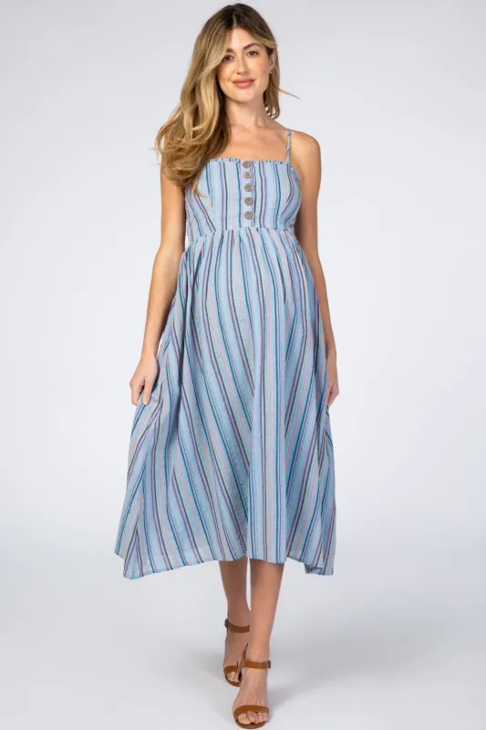 Blue Purple Striped Button Front Maternity Midi Dress sold by Pinkblush