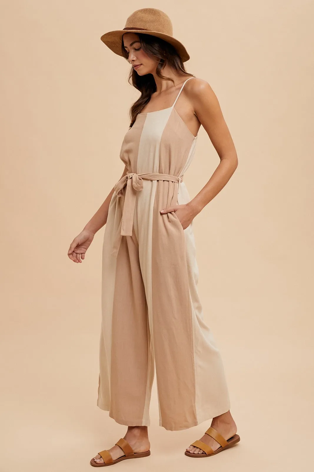 Oatmeal Sand Color Block Linen Wide Leg Jumpsuit sold by Pinkblush product image thumbnail 3