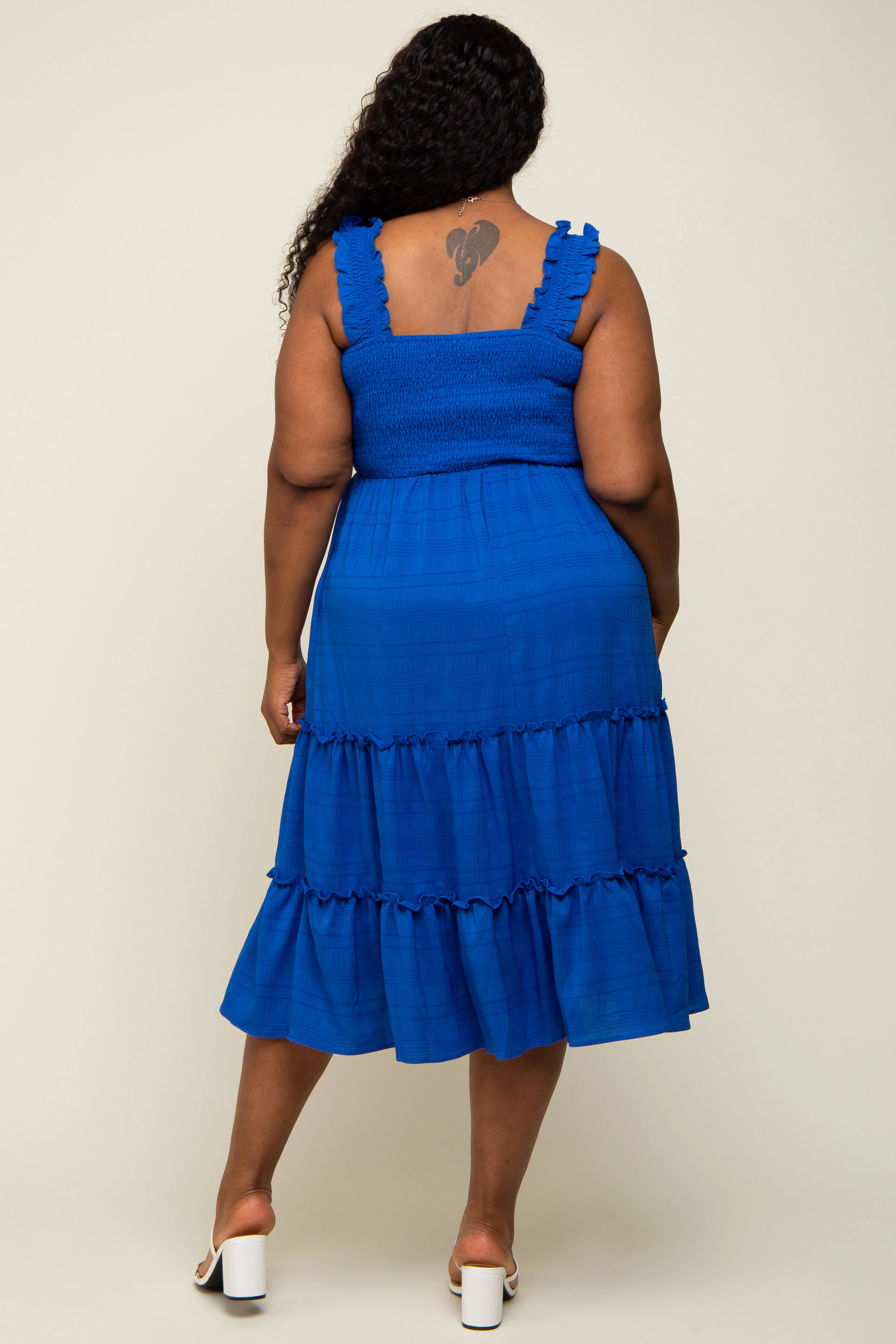 Royal Blue Smocked Square Neck Ruffle Strap Tiered Plus Midi Dress sold by Pinkblush product image thumbnail 3