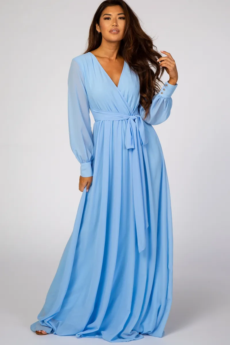 Solid Light Blue Shirt Collar Maxi Dress