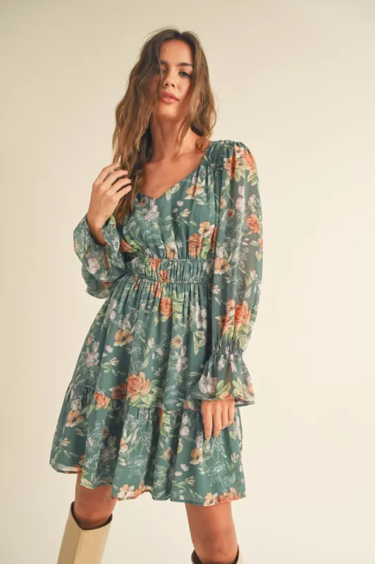 Dark Green Long Puff Sleeve Tiered Mini Dress sold by Pinkblush