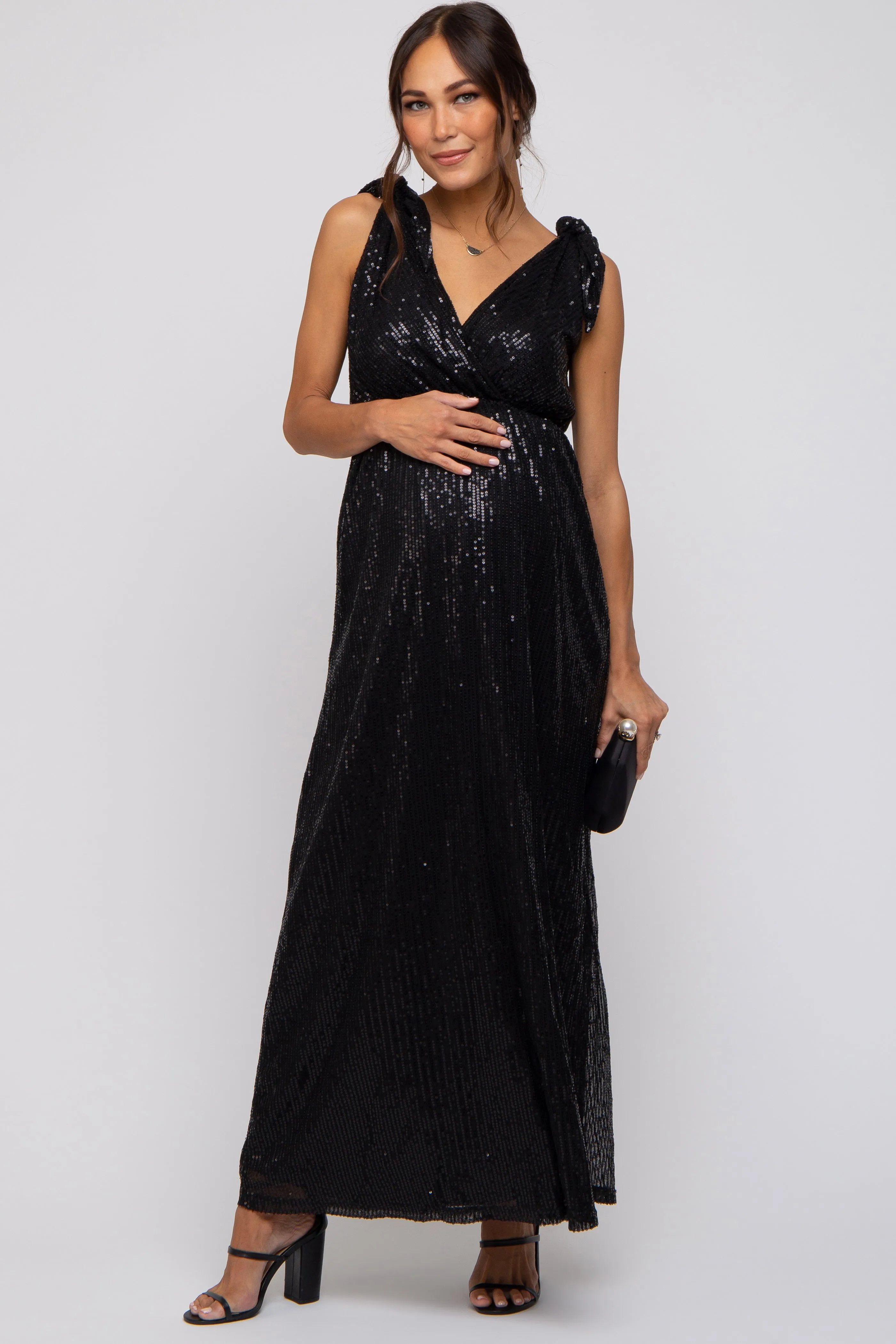 Black Sequin Sleeveless Wrap V-Neck Maternity Gown sold by Pinkblush product image thumbnail 5