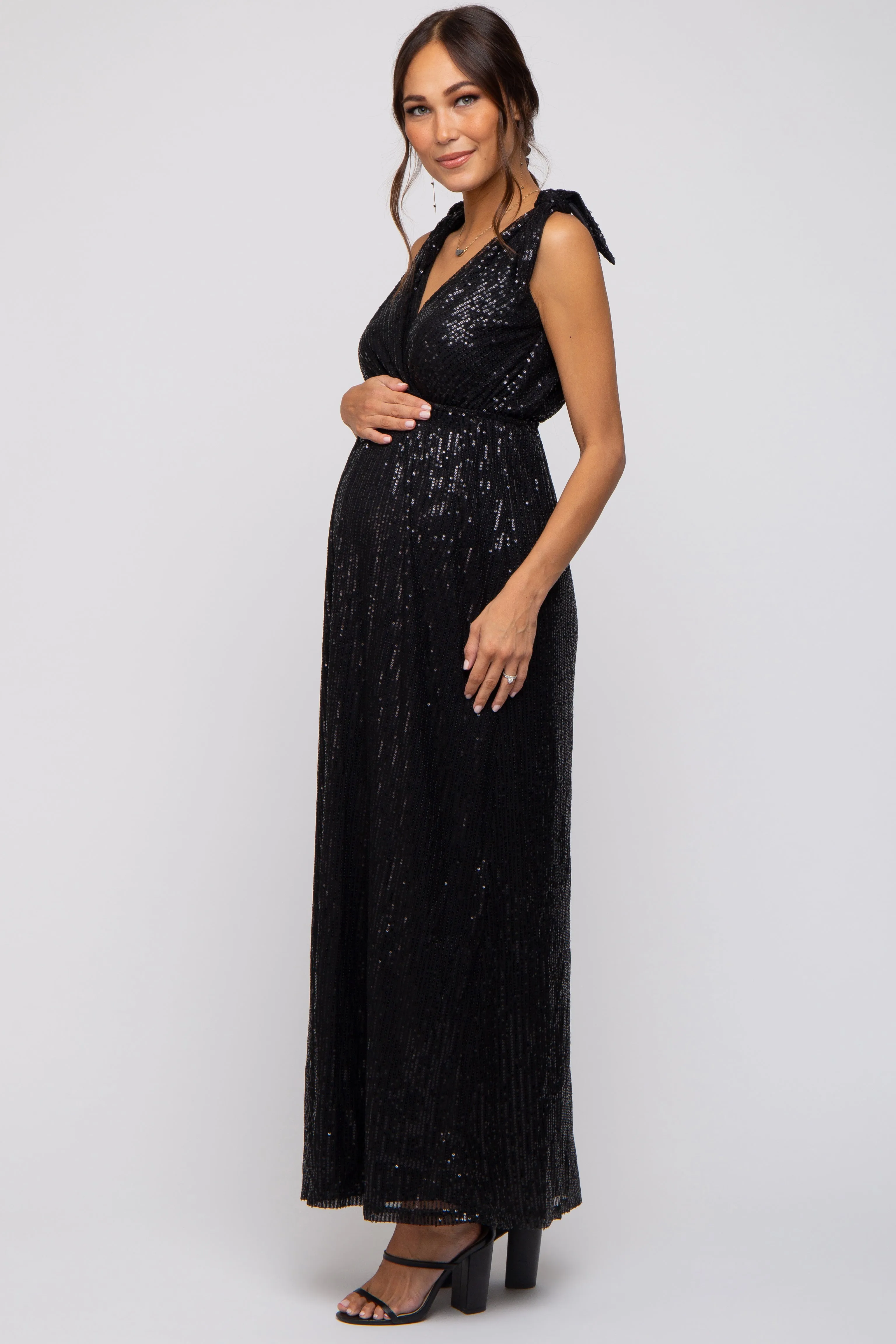 Black Sequin Sleeveless Wrap V-Neck Maternity Gown sold by Pinkblush product image thumbnail 2