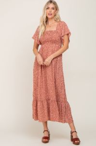 Rust Leaf Smocked Flounce Sleeve Maxi Dress sold by Pinkblush