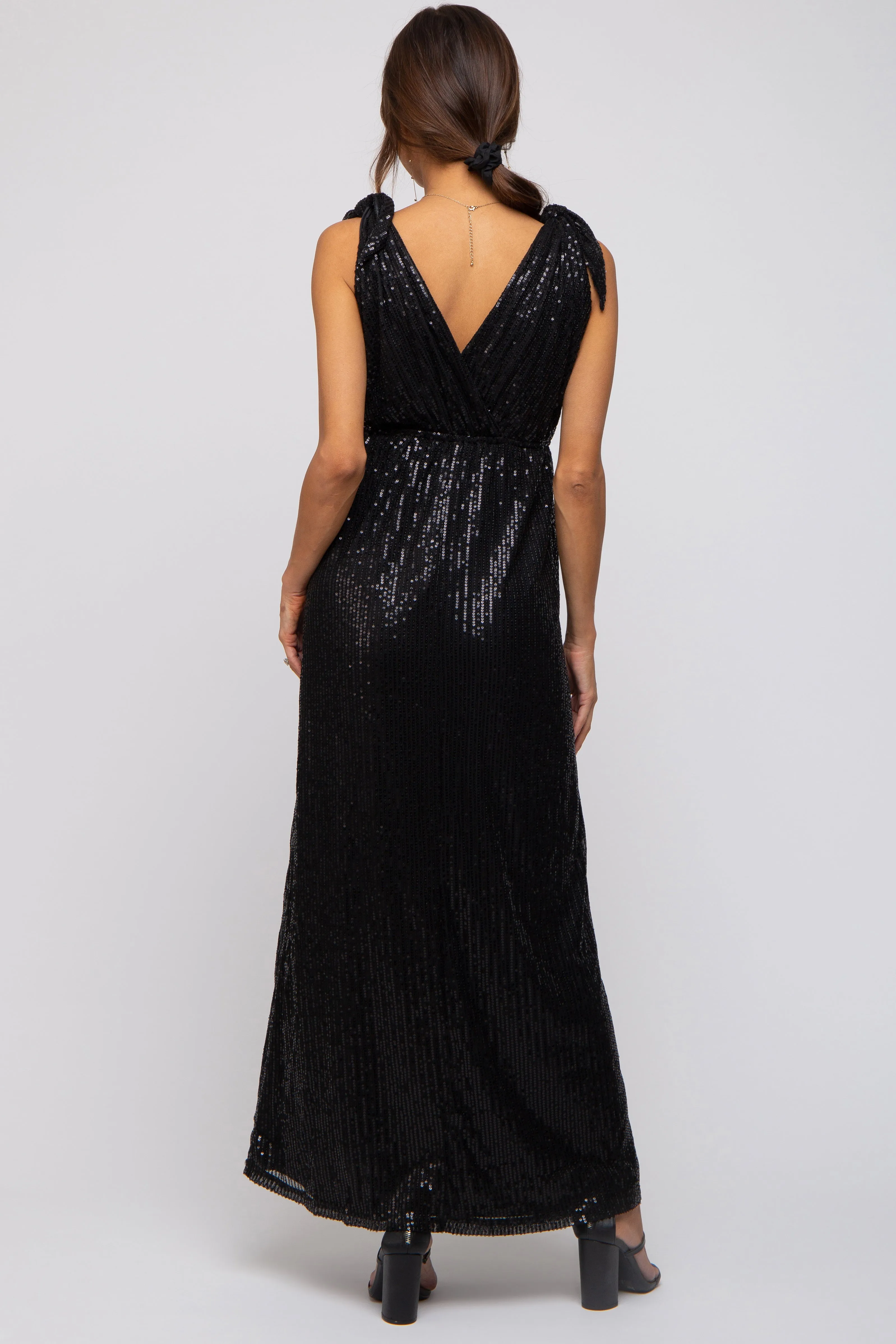Black Sequin Sleeveless Wrap V-Neck Maternity Gown sold by Pinkblush product image thumbnail 3