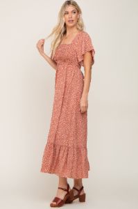 Rust Leaf Smocked Flounce Sleeve Maxi Dress sold by Pinkblush