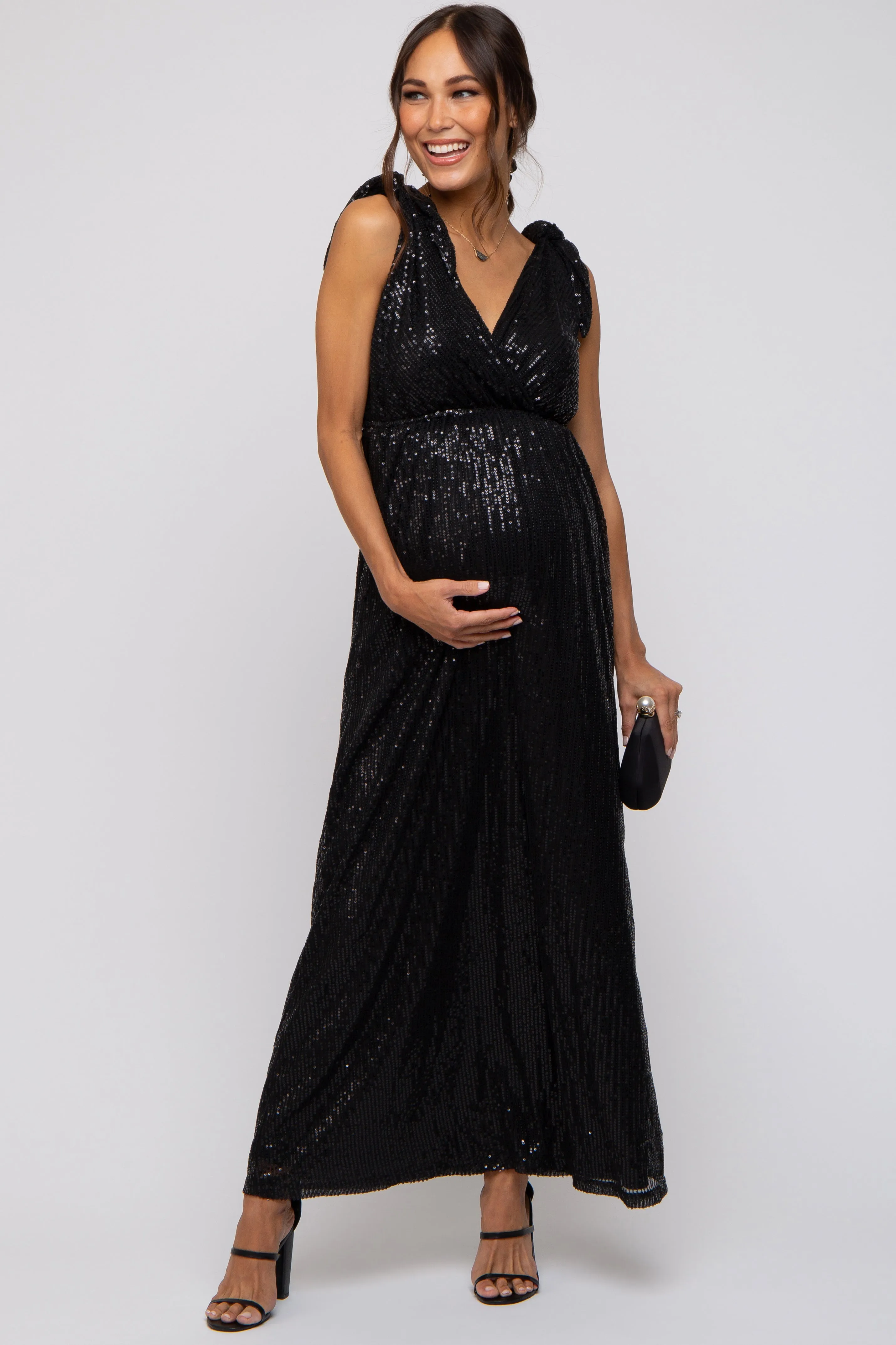Black Sequin Sleeveless Wrap V-Neck Maternity Gown sold by Pinkblush product image thumbnail 4