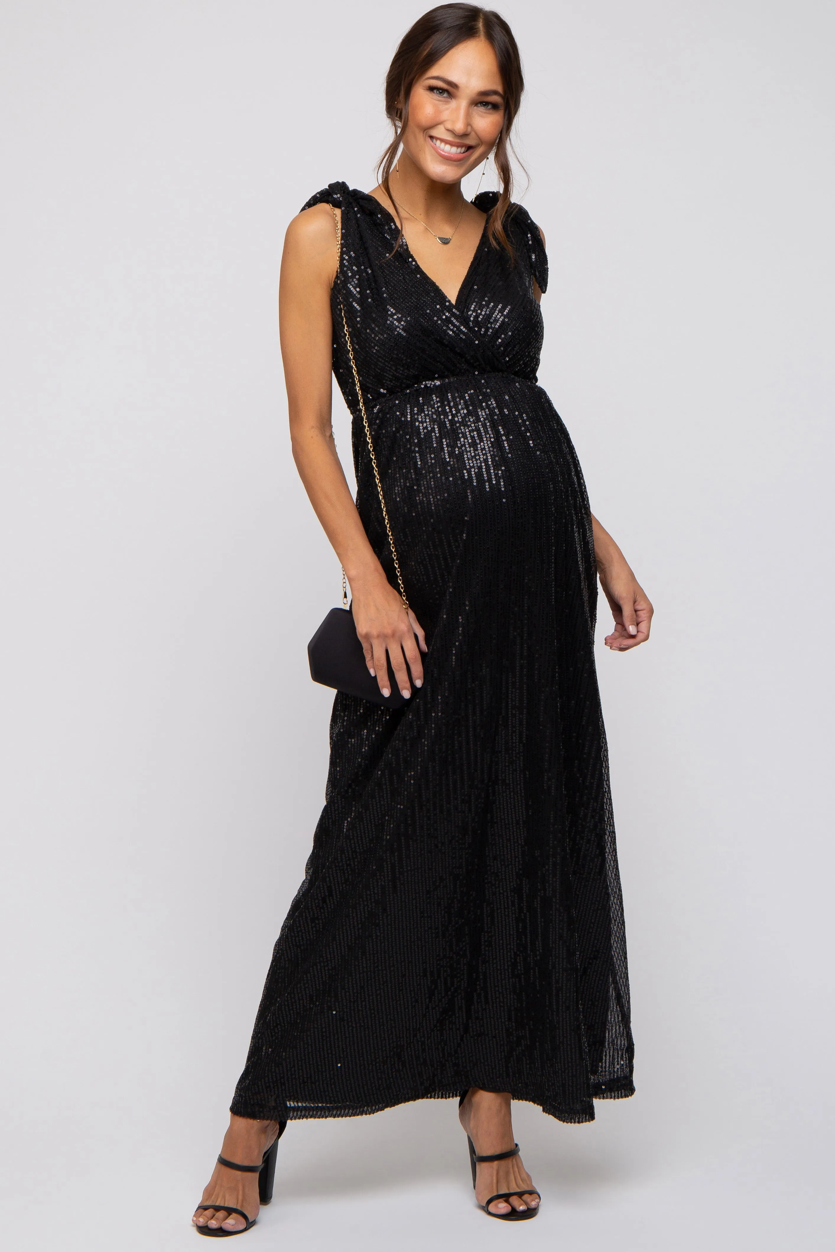 Black Sequin Sleeveless Wrap V-Neck Maternity Gown sold by Pinkblush