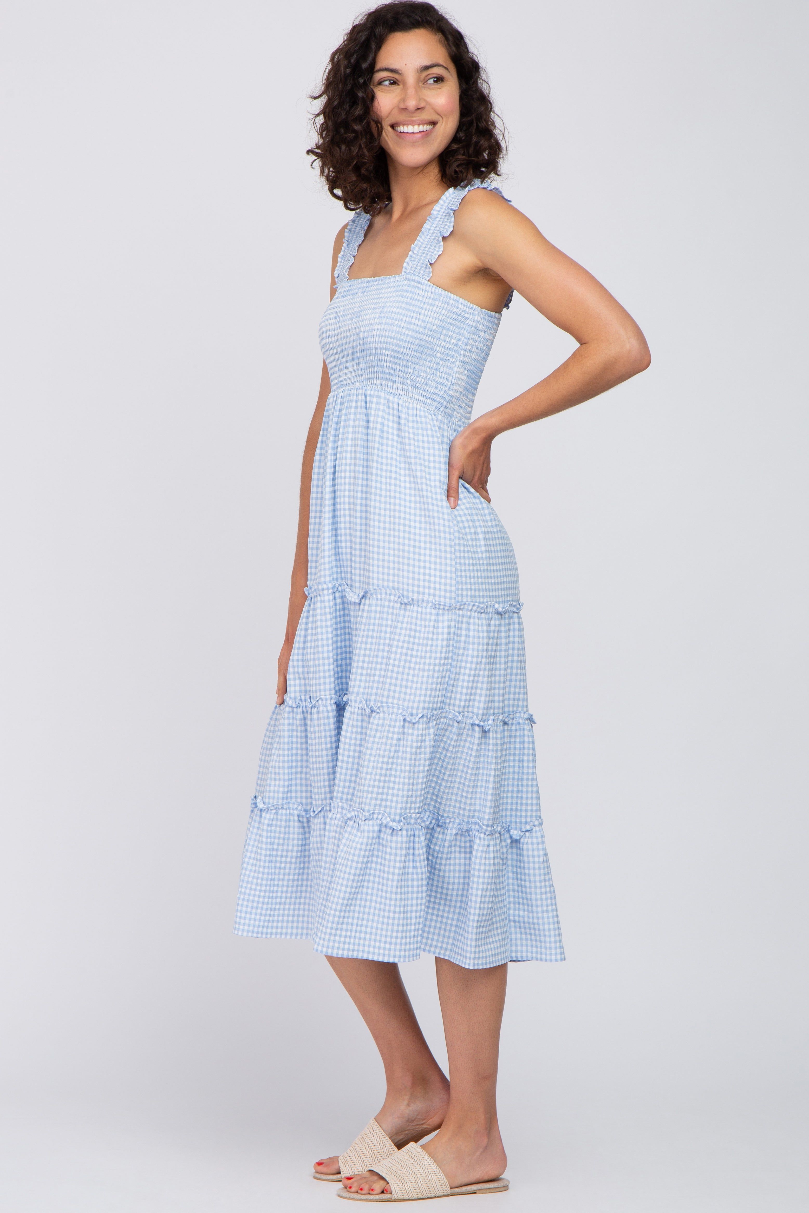 Blue Gingham Smocked Tiered Midi Dress sold by Pinkblush product image thumbnail 2