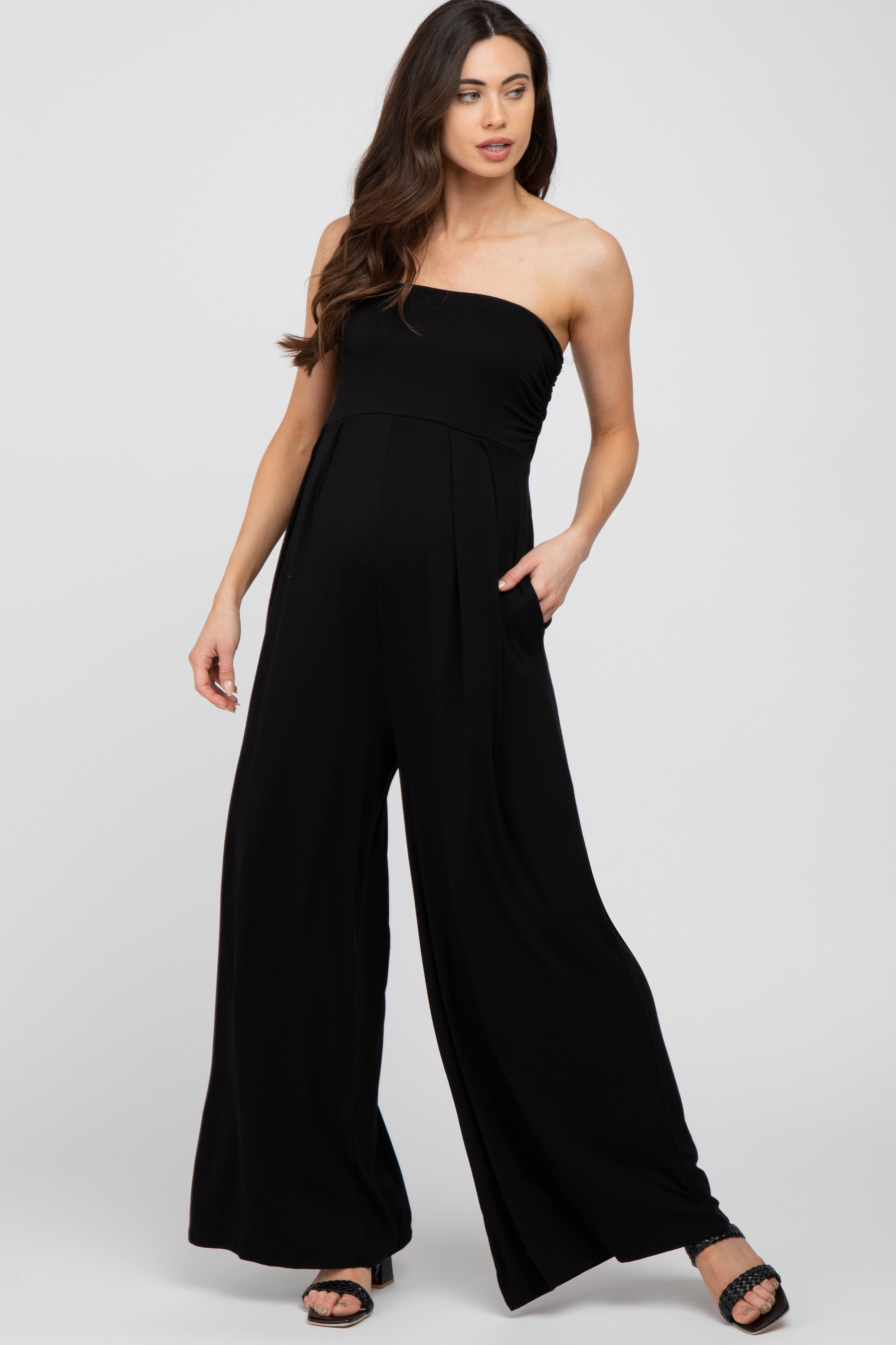 Black Strapless Wide Leg Maternity Jumpsuit sold by Pinkblush