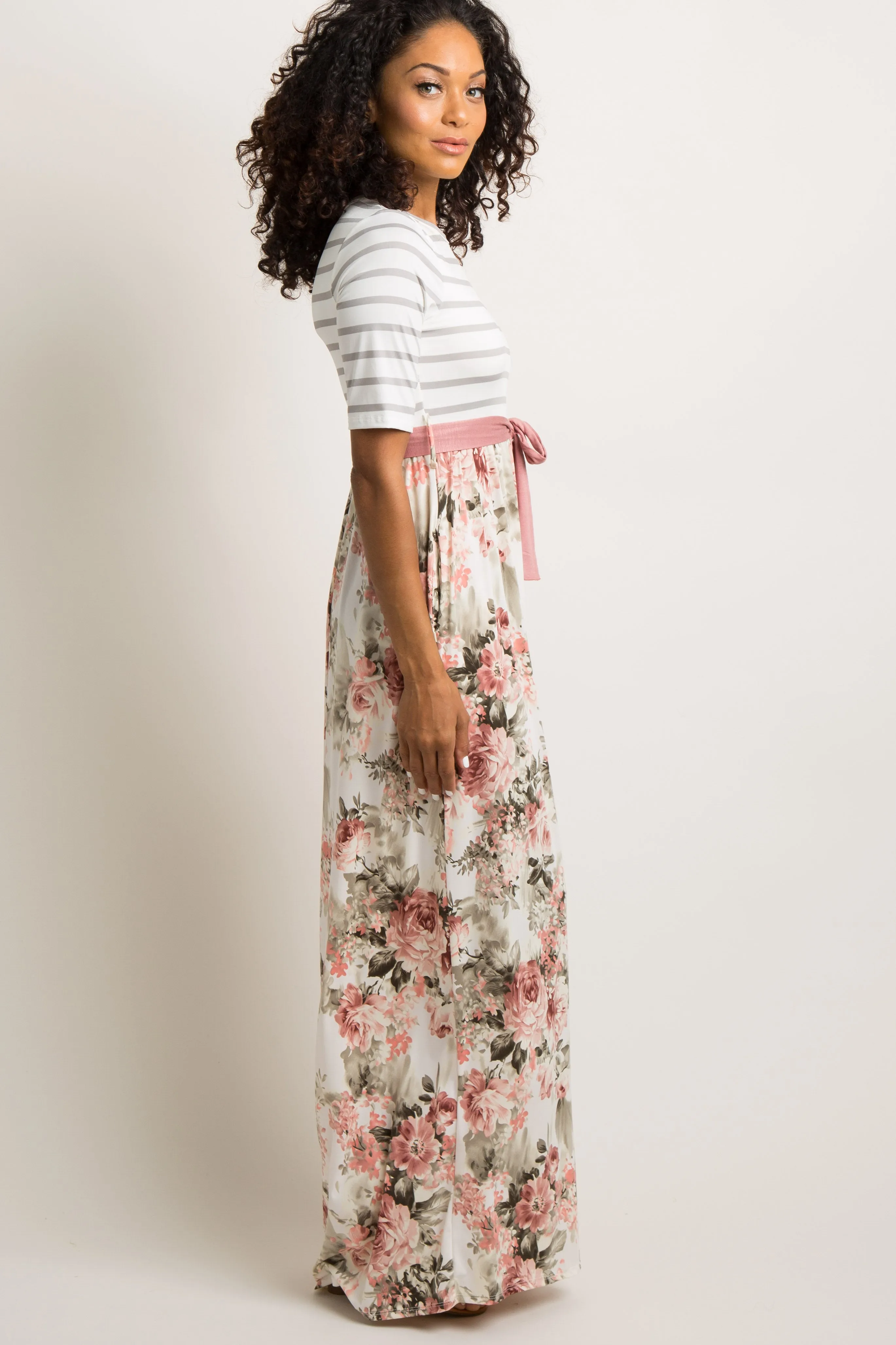 Ivory Striped Colorblock Floral Maxi Dress sold by Pinkblush product image thumbnail 2