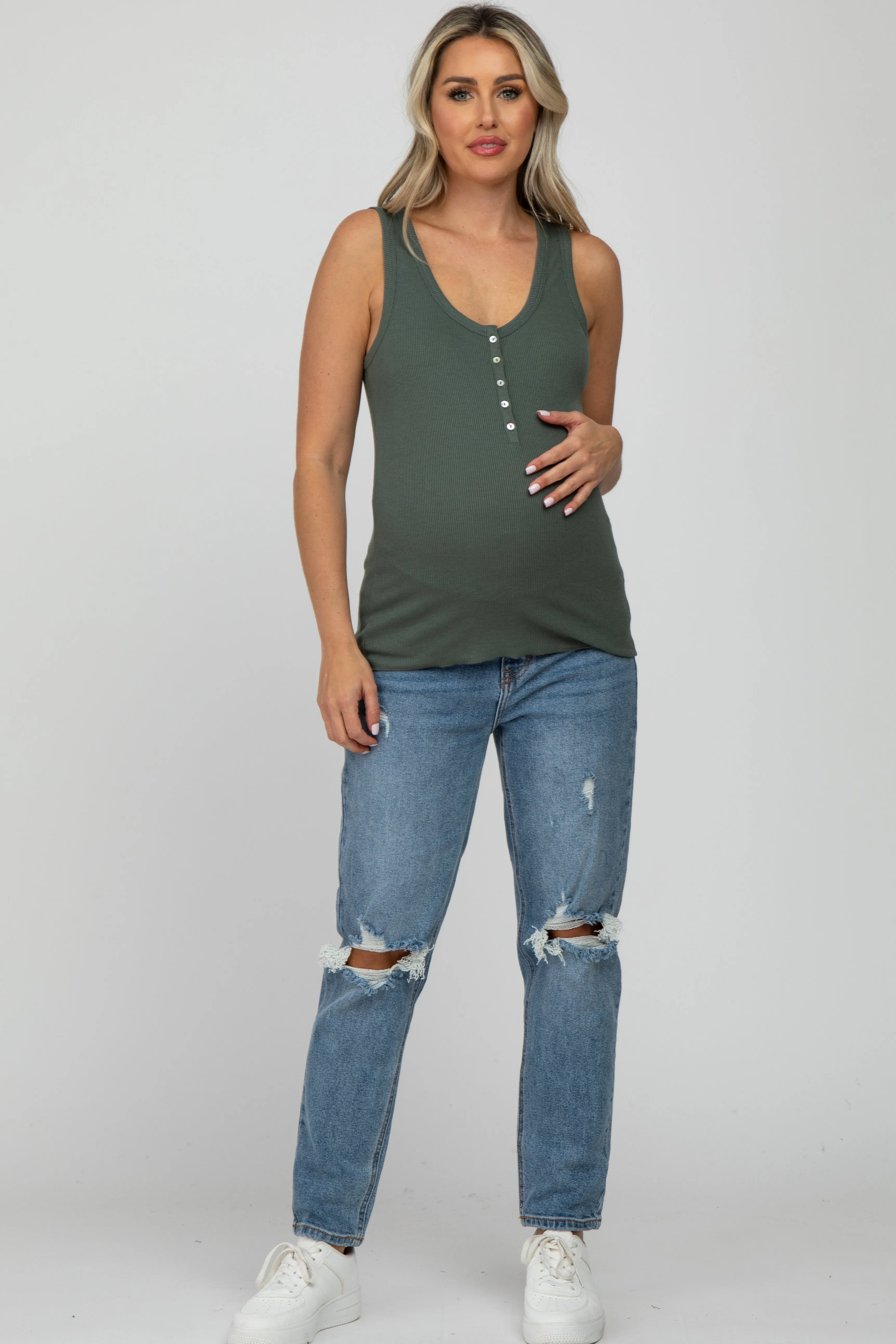Olive Ribbed Button Front Maternity Tank Top sold by Pinkblush product image thumbnail 2