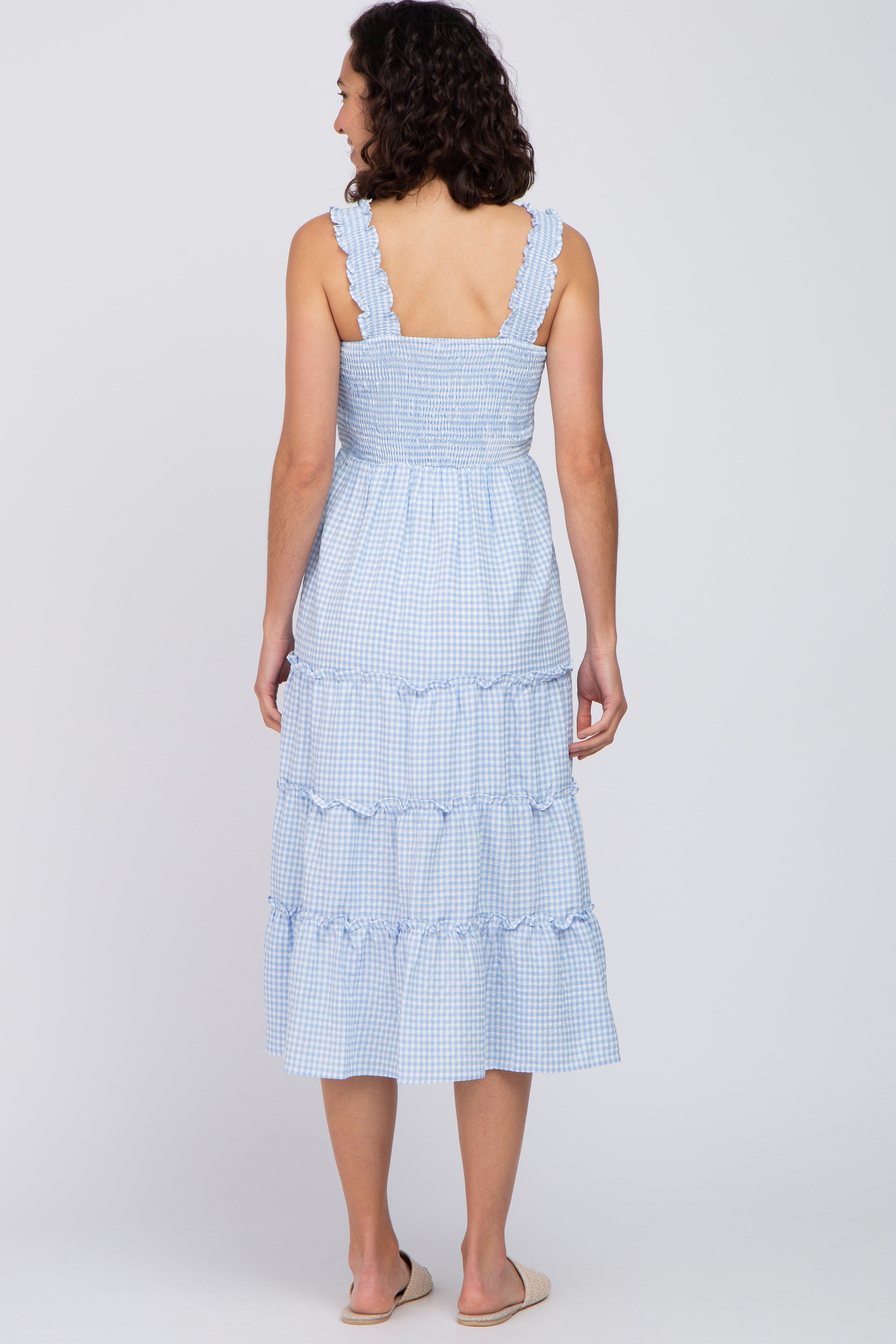 Blue Gingham Smocked Tiered Midi Dress sold by Pinkblush product image thumbnail 3