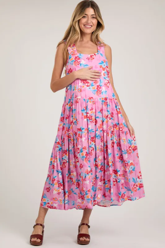Pink Floral Sleeveless Tiered Maternity Maxi Dress sold by Pinkblush