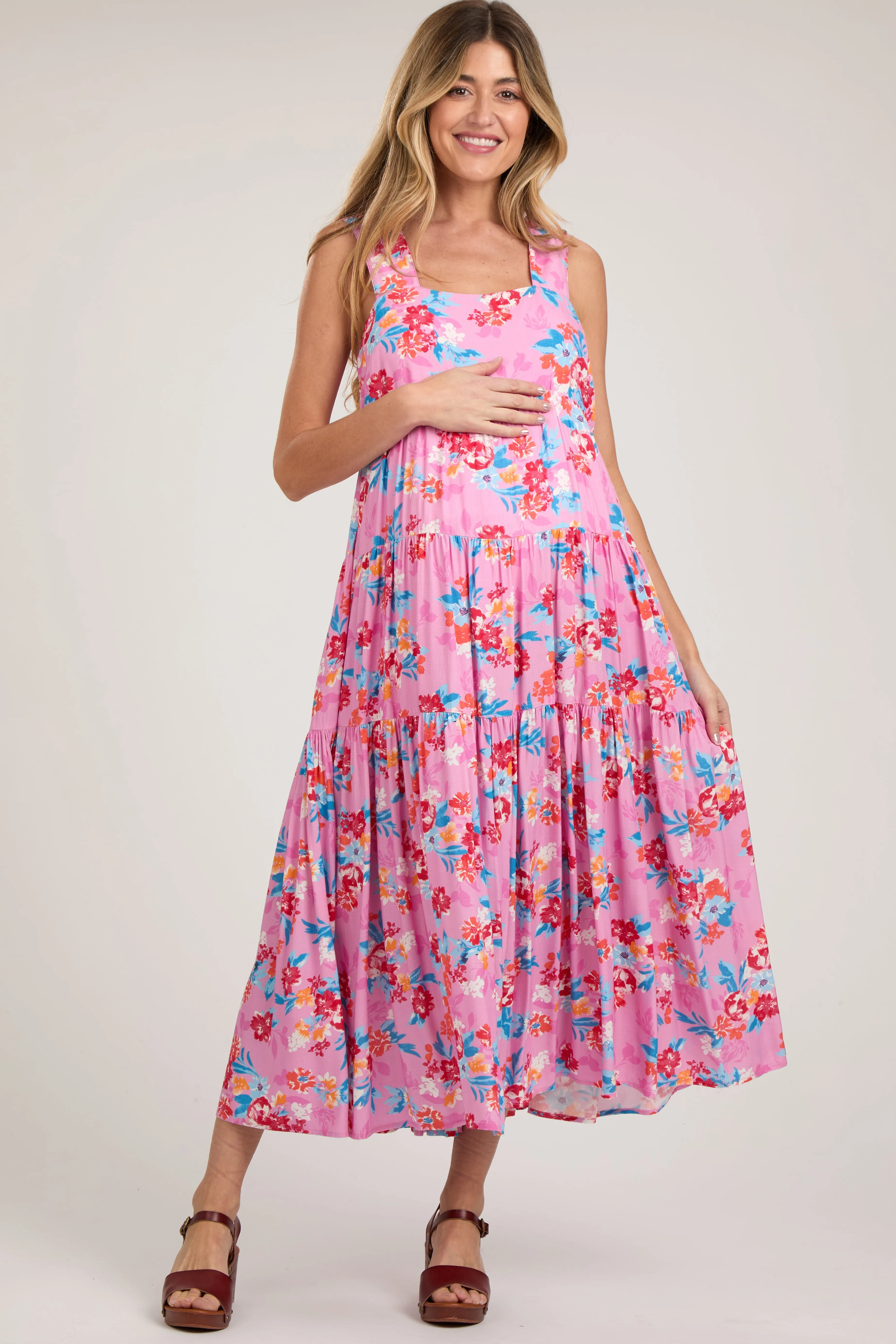 Pink Floral Sleeveless Tiered Maternity Maxi Dress sold by Pinkblush