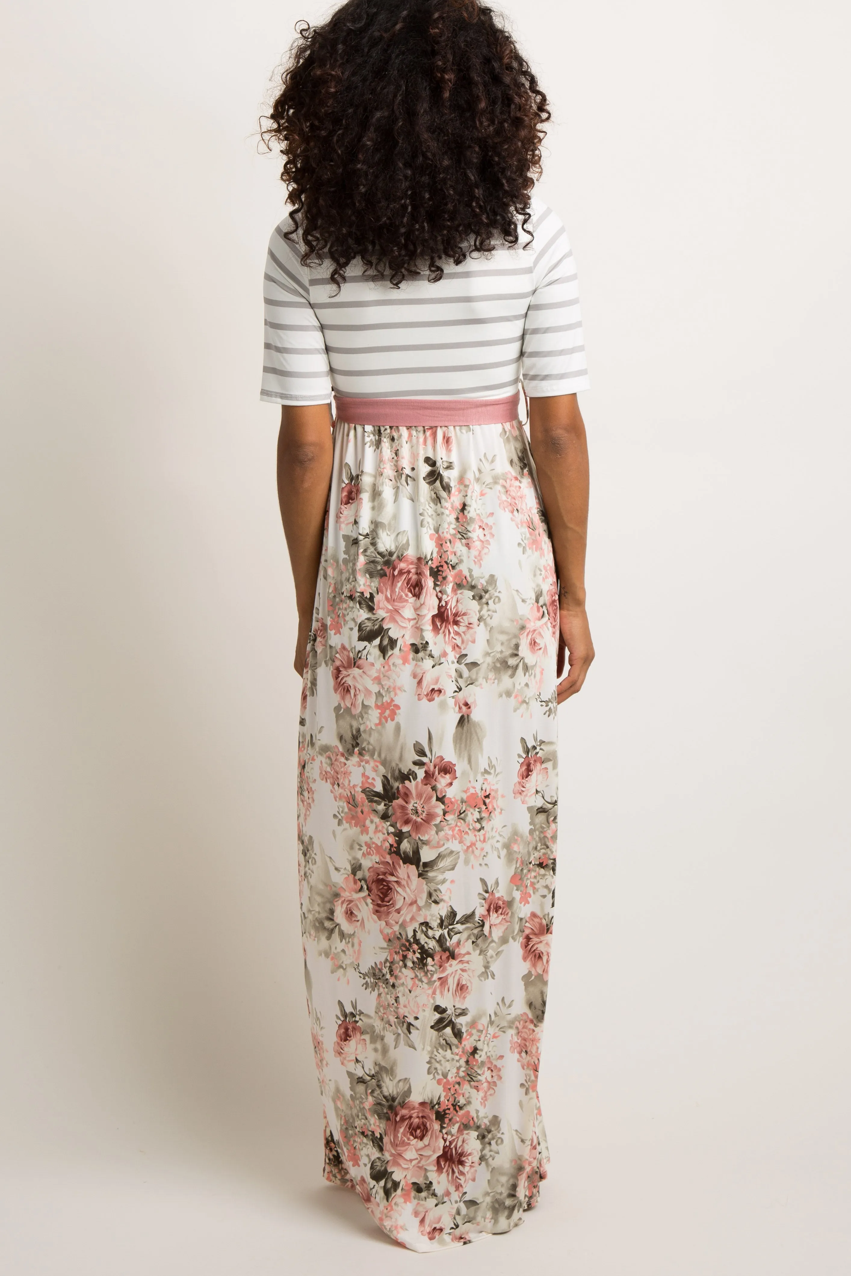 Ivory Striped Colorblock Floral Maxi Dress sold by Pinkblush product image thumbnail 3