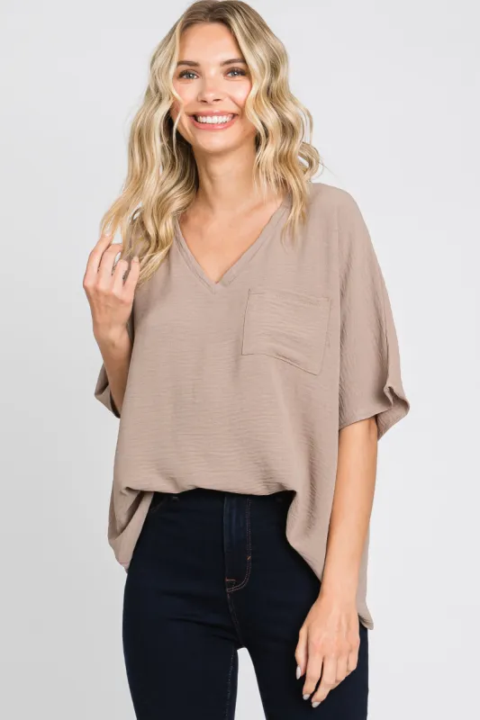 Taupe Oversized V-Neck Pocket Front Blouse sold by Pinkblush