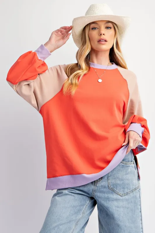 Coral Colorblock Bubble Sleeve Pullover sold by Pinkblush