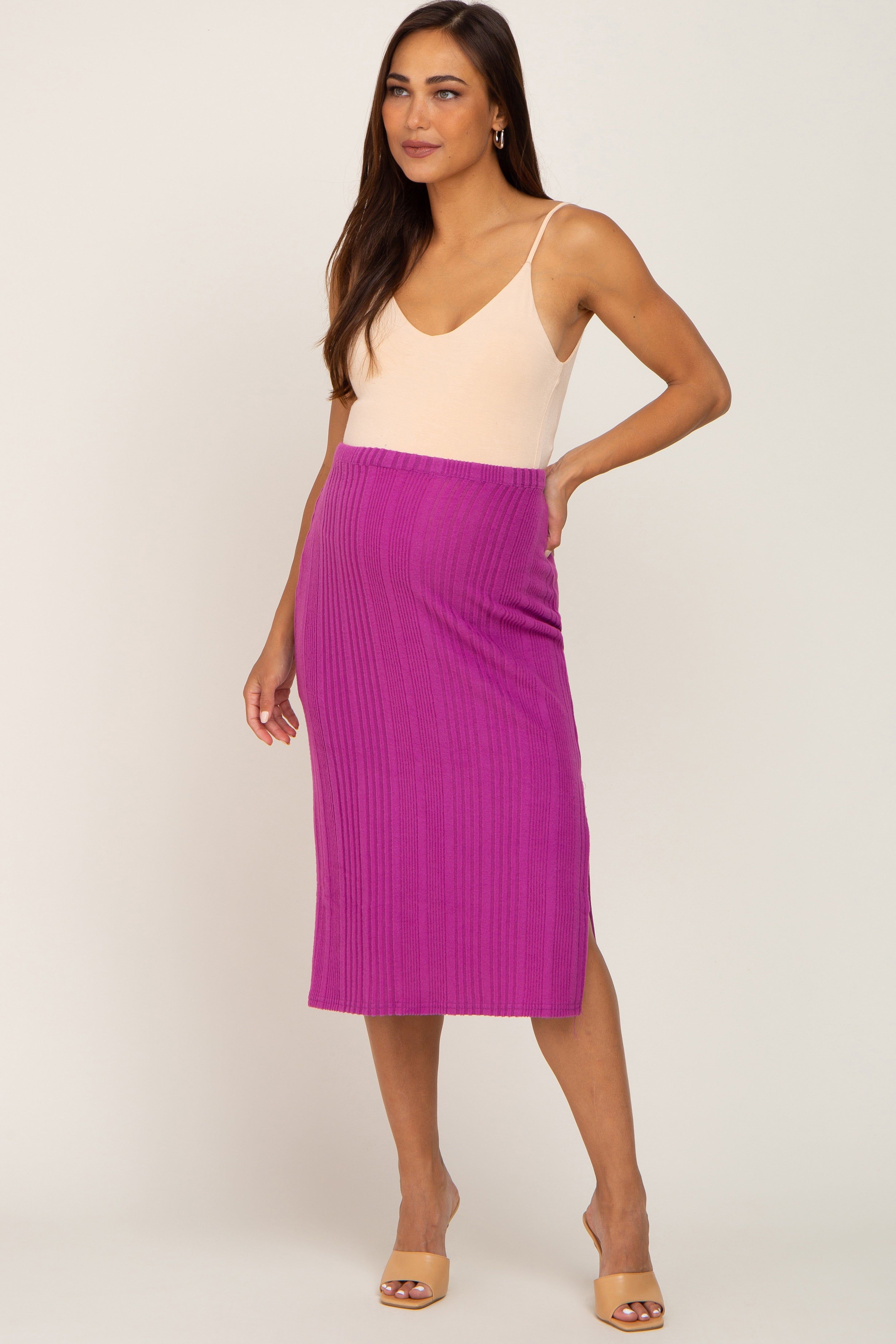 Magenta Soft Knit Ribbed Side Slit Maternity Midi Skirt sold by Pinkblush