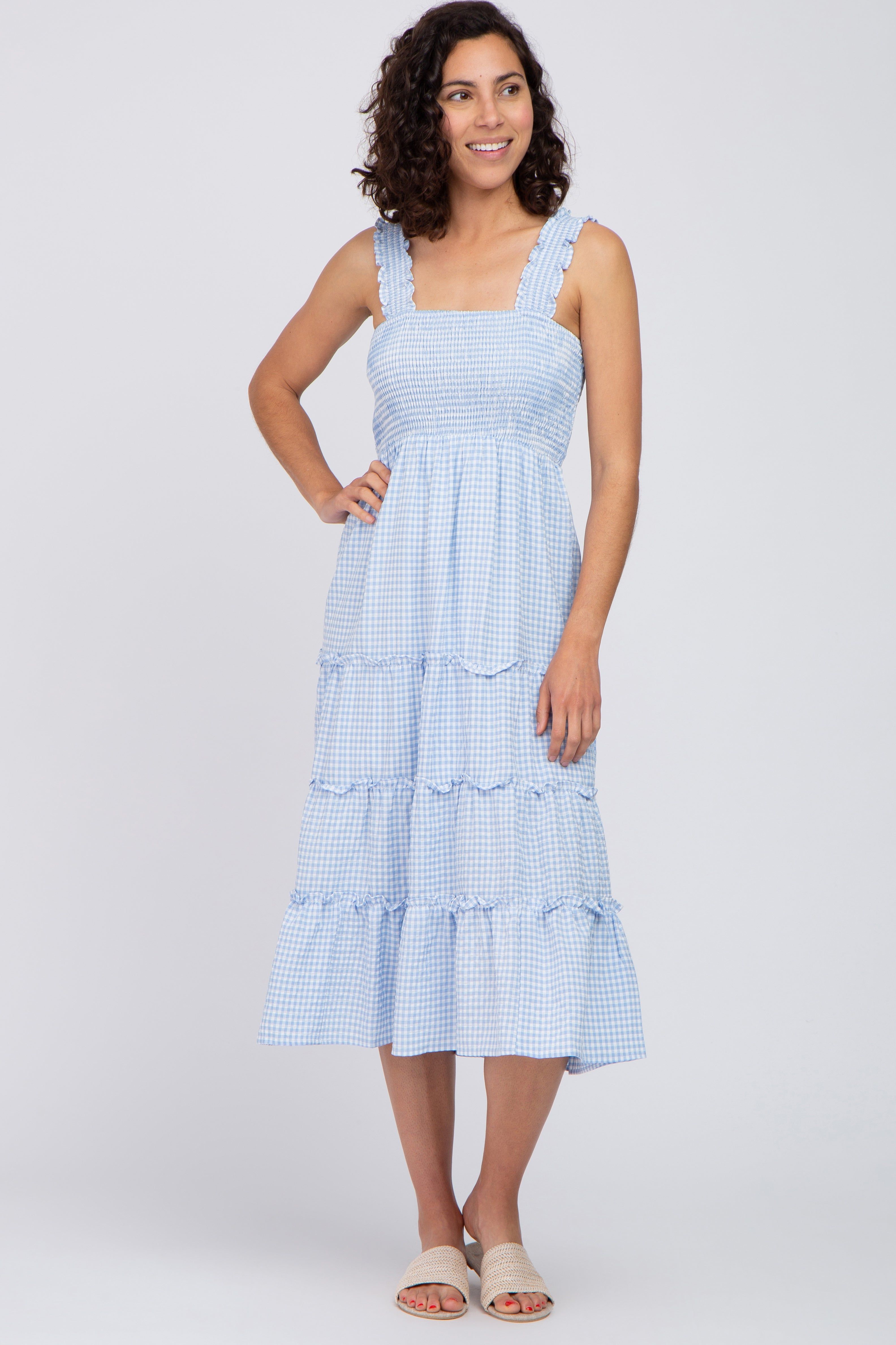 Blue Gingham Smocked Tiered Midi Dress sold by Pinkblush