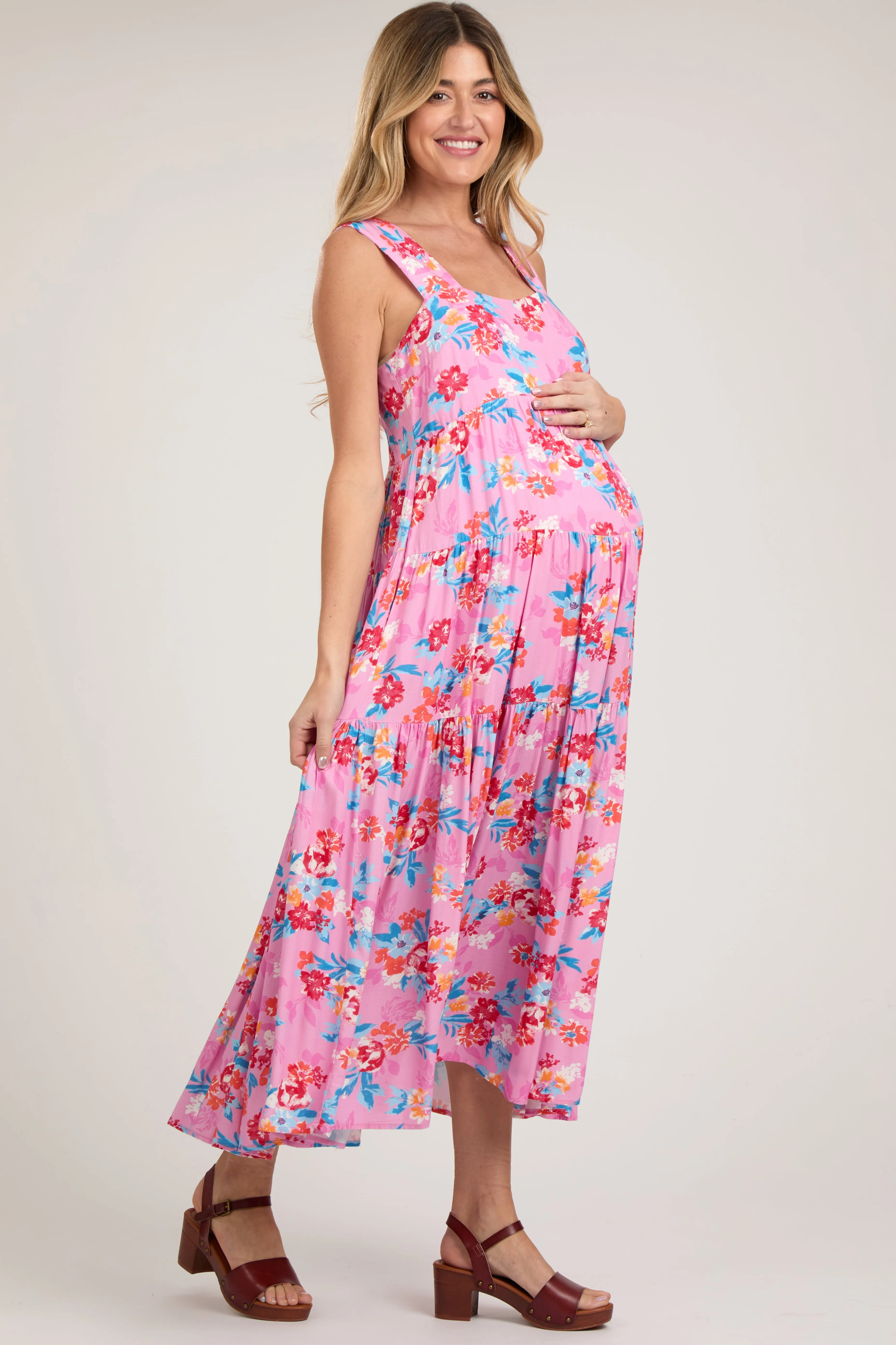 Pink Floral Sleeveless Tiered Maternity Maxi Dress sold by Pinkblush product image thumbnail 2
