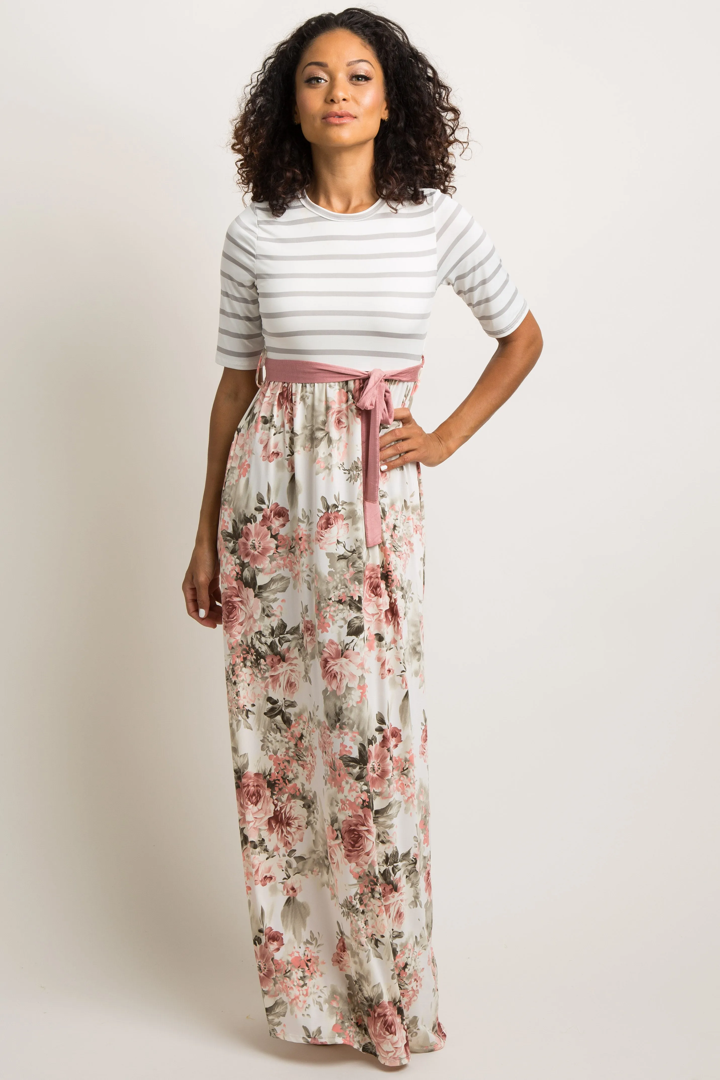 Ivory Striped Colorblock Floral Maxi Dress sold by Pinkblush