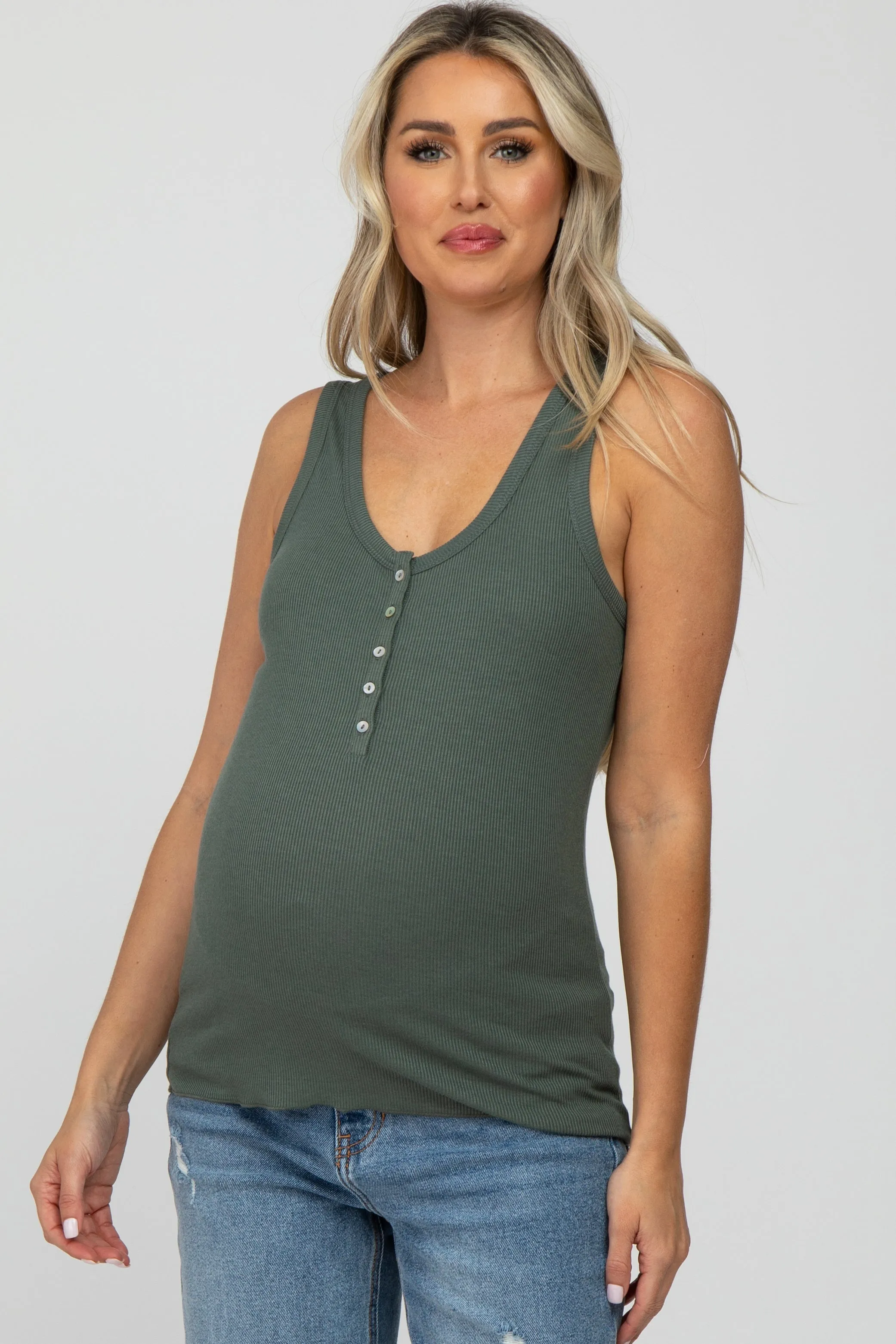 Olive Ribbed Button Front Maternity Tank Top sold by Pinkblush