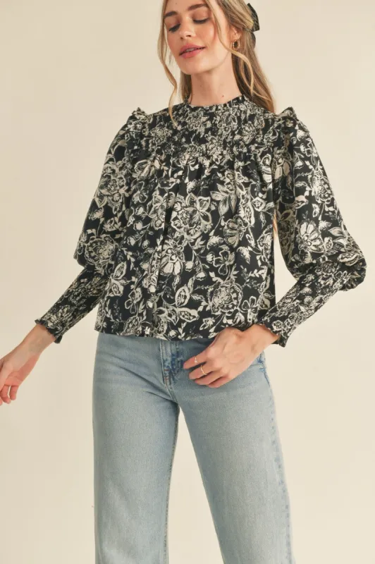 Black Cream Floral Ruffled Smocked Yoke Blouse sold by Pinkblush