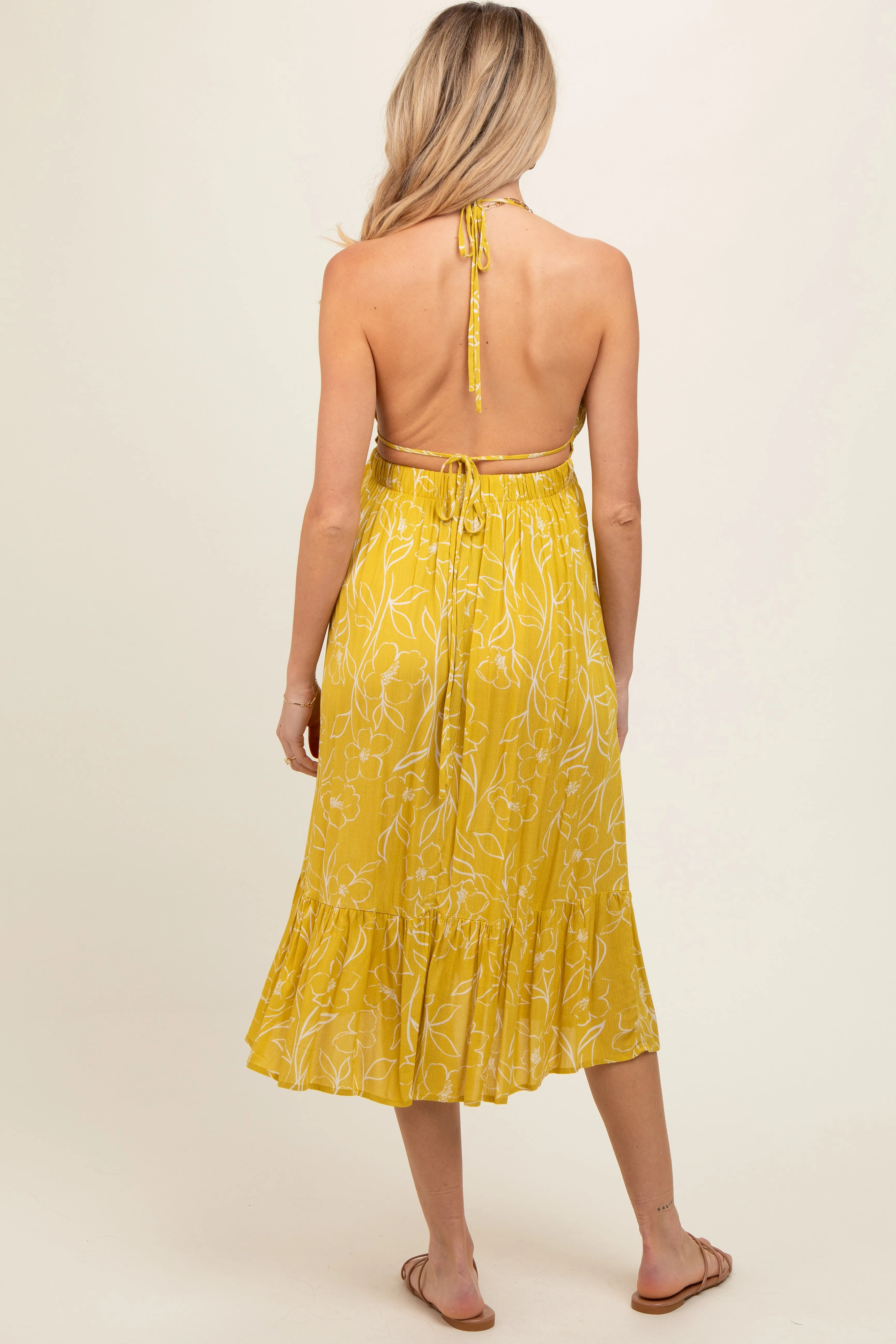 Yellow Floral Sleeveless Halter Neck Open Back Maternity Dress sold by Pinkblush product image thumbnail 4