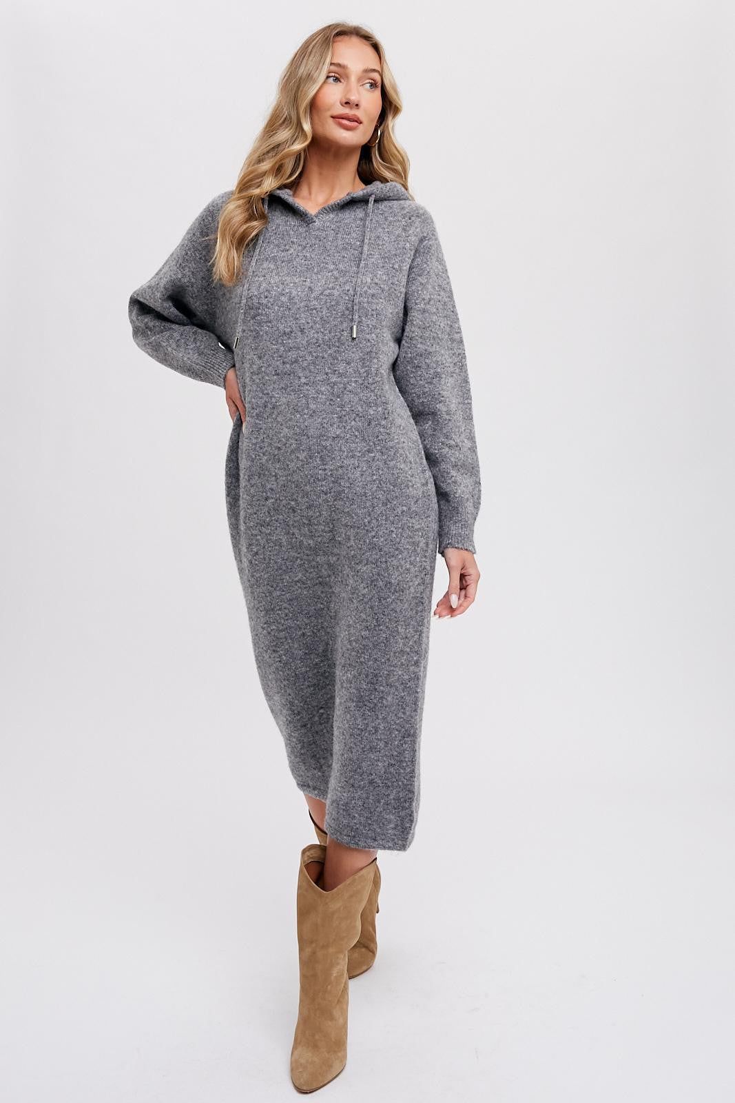 Charcoal Grey Hooded Sweater Midi Dress sold by Pinkblush product image thumbnail 3