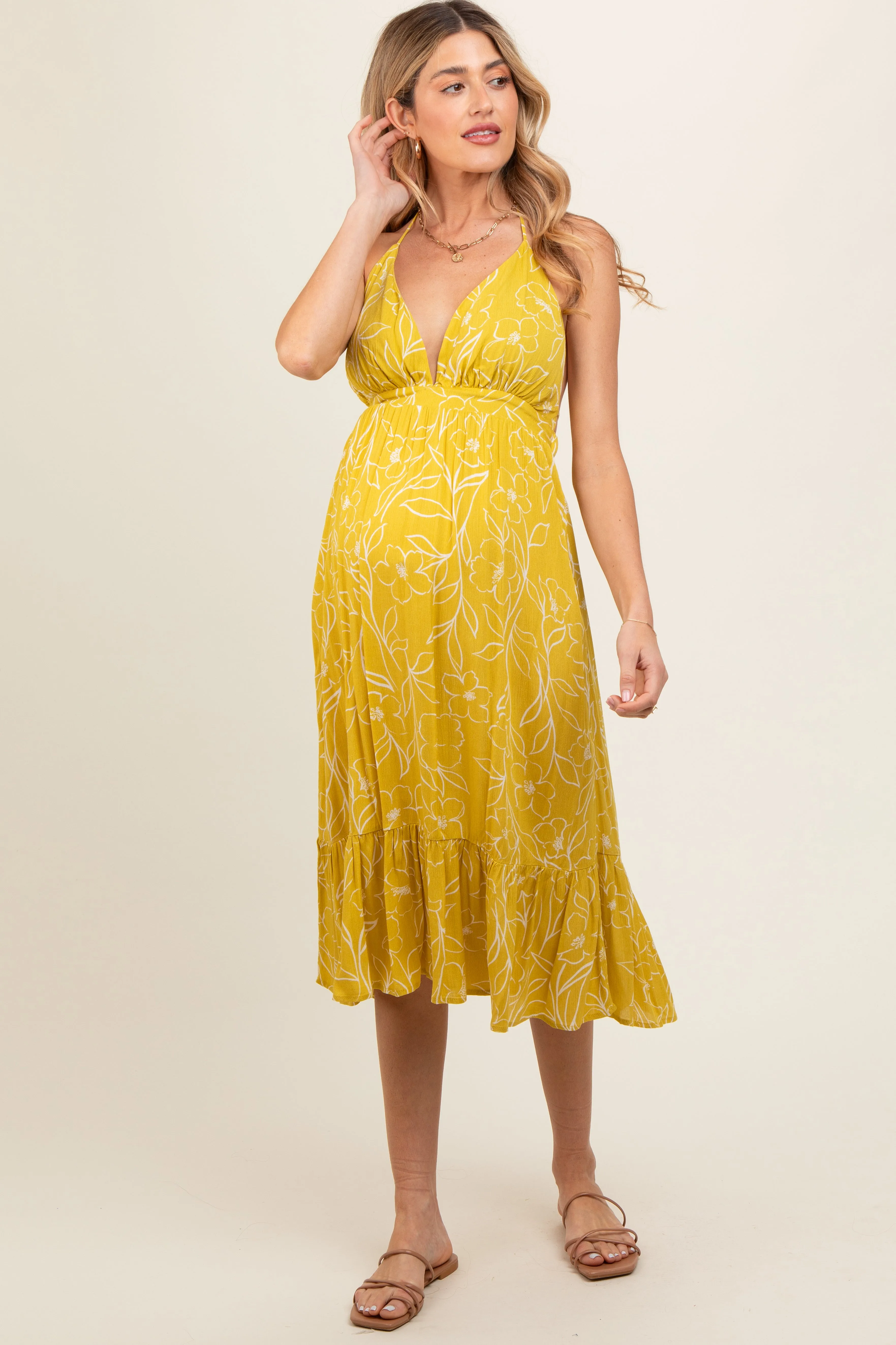 Yellow Floral Sleeveless Halter Neck Open Back Maternity Dress sold by Pinkblush product image thumbnail 2