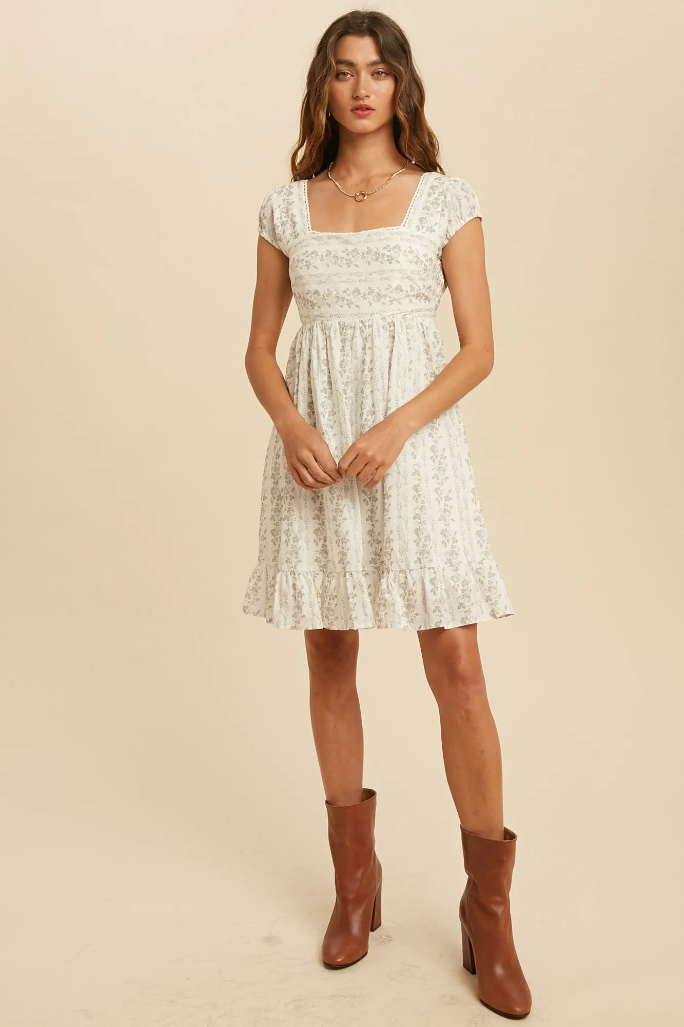 Off White Lace Trim Floral Mini Dress sold by Pinkblush