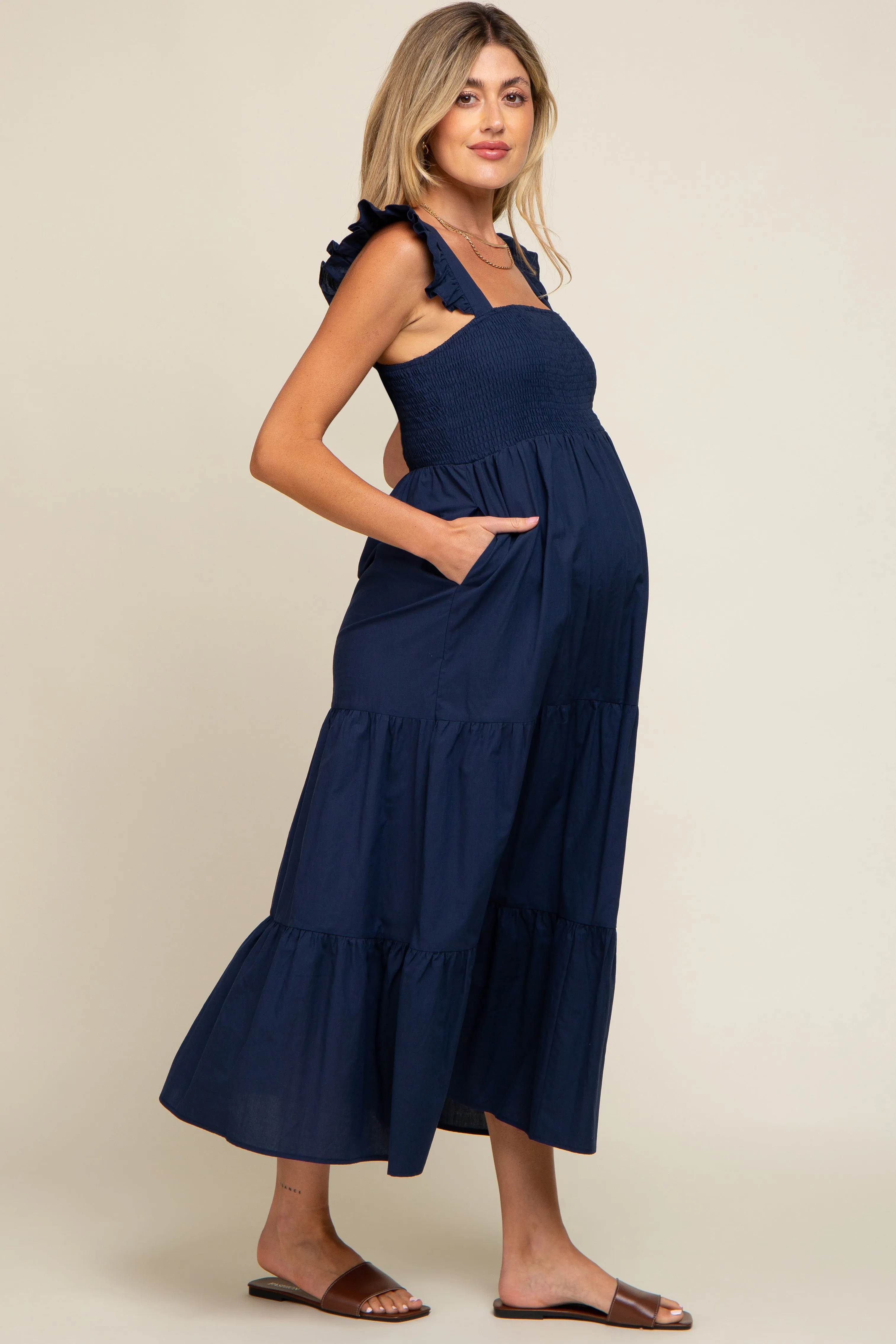 Navy Blue Sleeveless Tiered Maternity Maxi Dress sold by Pinkblush product image thumbnail 3